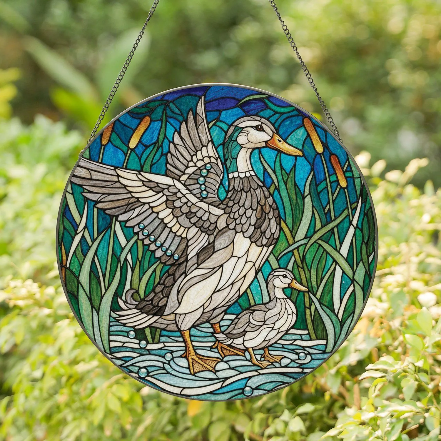 Duck Family Pond Marshland - Wildlife Lover Home Decor Gift Stained Glass Suncatcher - 1