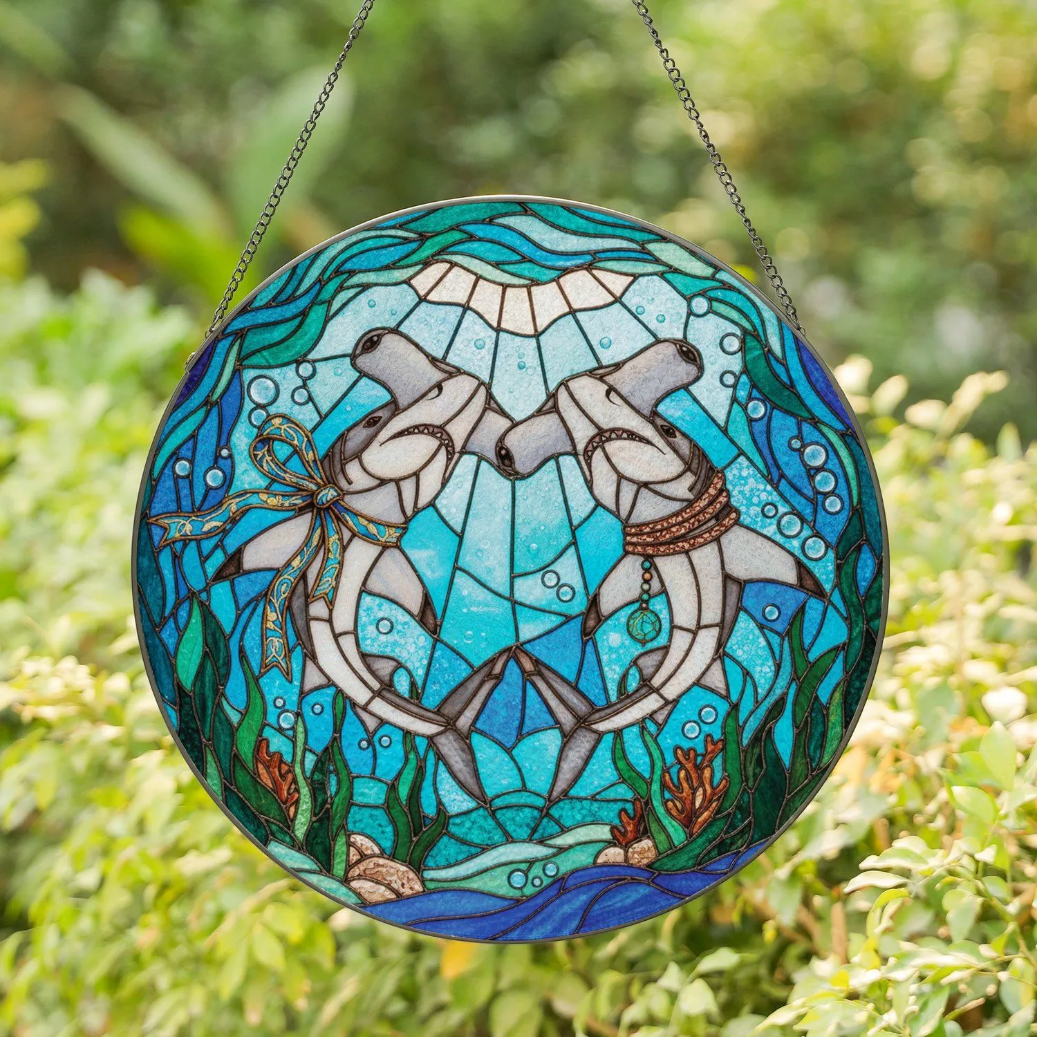 Hammerhead Sharks Heart Shape Ocean Depths - Marine Life Lover Home Decor Gift Stained Glass Suncatcher - 1