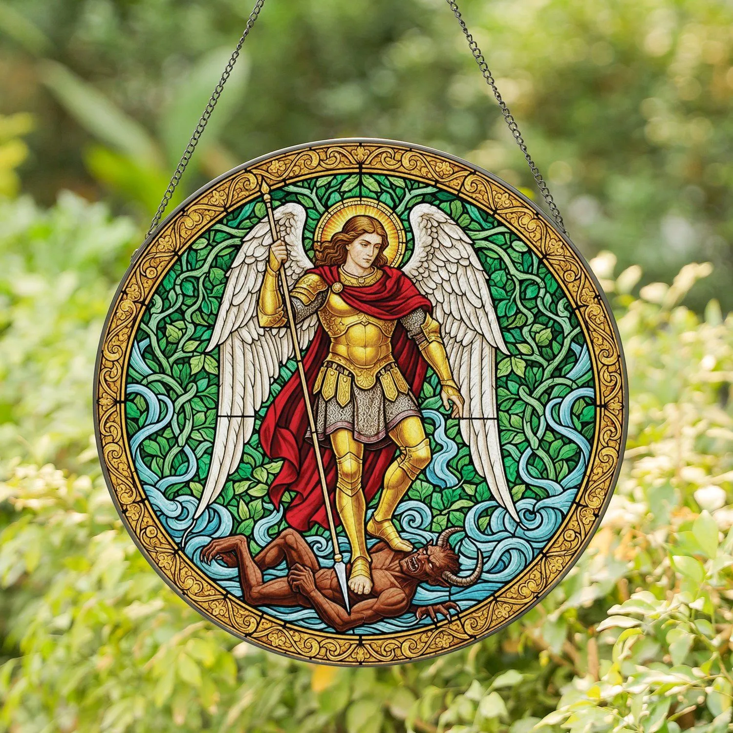 Archangel Michael Spear Angelic Wings Crushing Demon - Religious Home Decor Gift Stained Glass Suncatcher - 1
