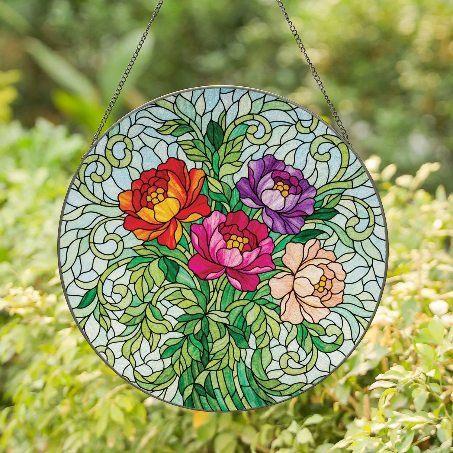 Four Blooming Peony Flower Bouquet Lush Green Foliage - Home Decor Gift Stained Glass Suncatcher - 1