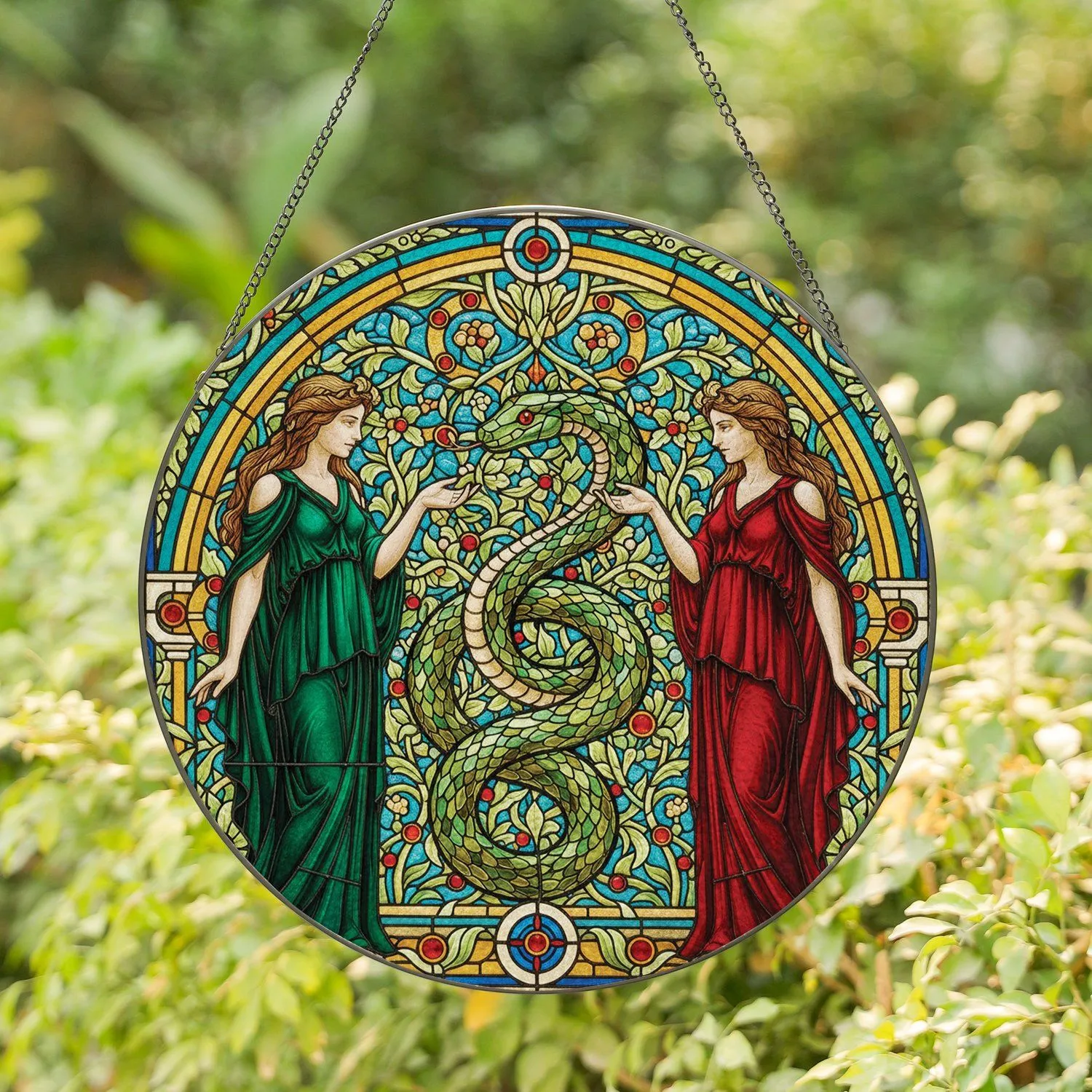 Medusa Figures Coiled Green Snake Ornate Border Floral Jewel Home Decor Gift Stained Glass Suncatcher - 1
