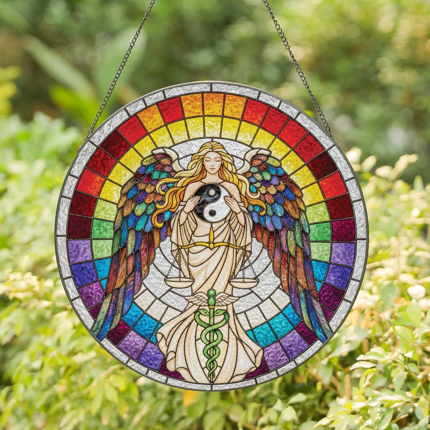 Stained Glass Angel Goddess Yin Yang Scales Caduceus - Spiritual Home Decor Gift Stained Glass Suncatcher - 1