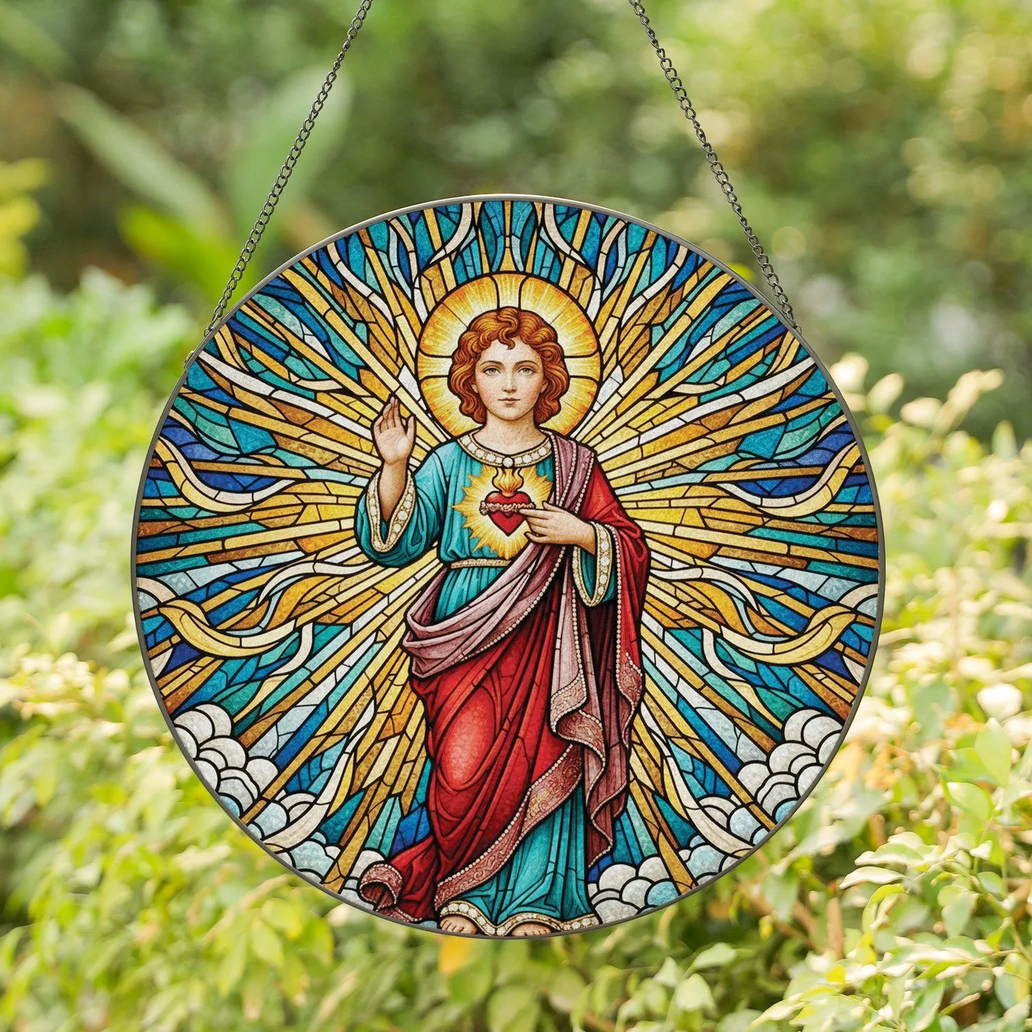 Child Jesus Sacred Heart Starburst Halo - Spiritual Home Decor Gift for Believers Stained Glass Suncatcher - 1