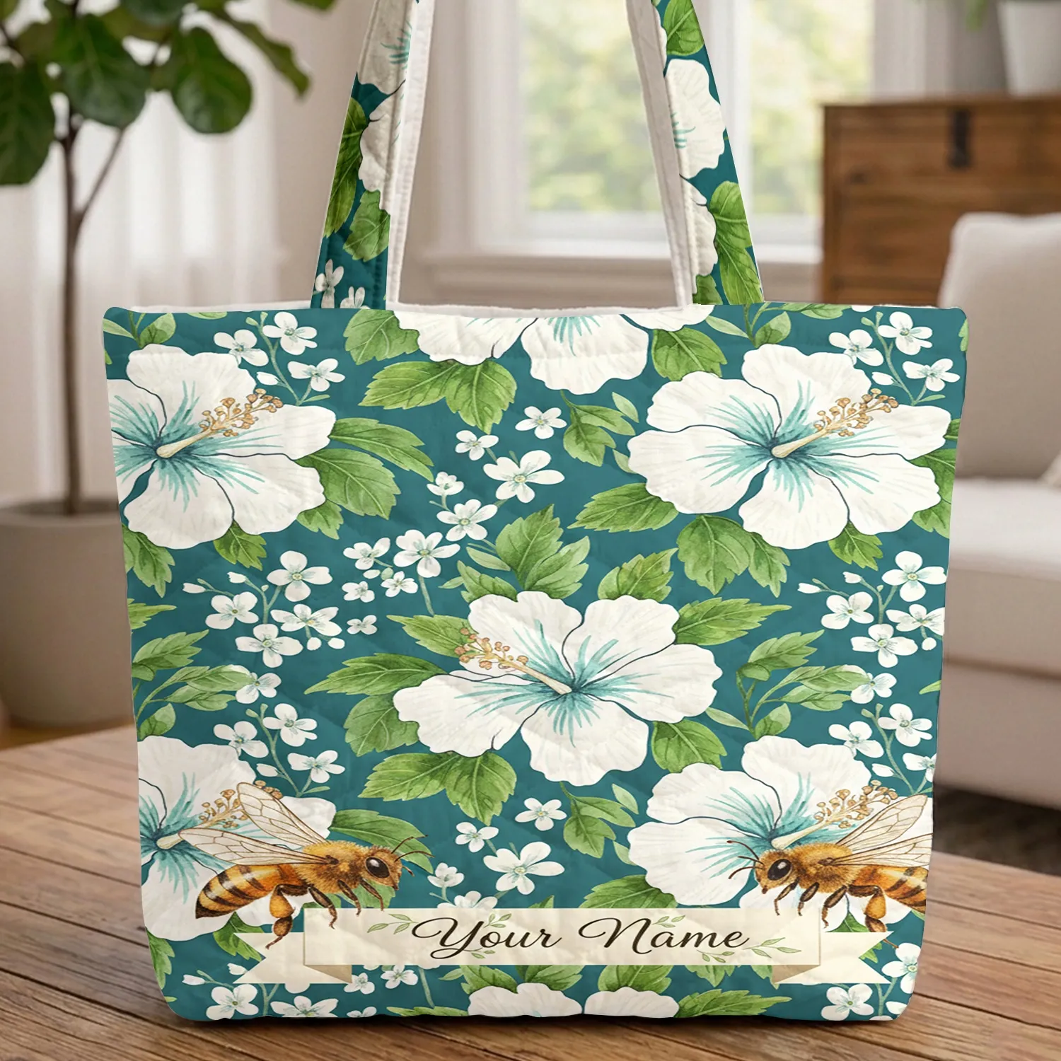 Honey Bee Your Name Ribbon Hibiscus Flowers - Everyday Carry Gift Quilted Tote Bag - 1