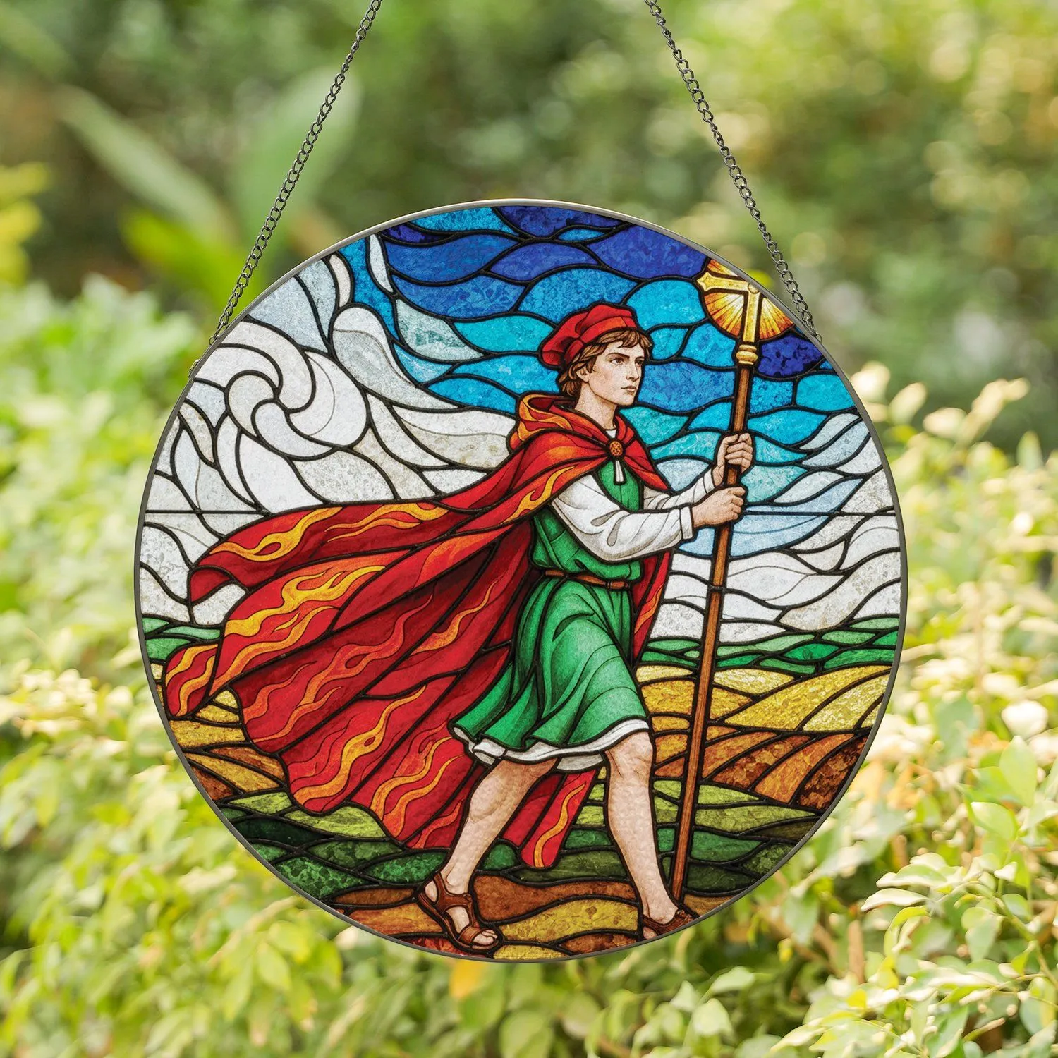 Pilgrim Figure Red Cape Cross Staff - Religious Home Decor Gift Stained Glass Suncatcher - 1