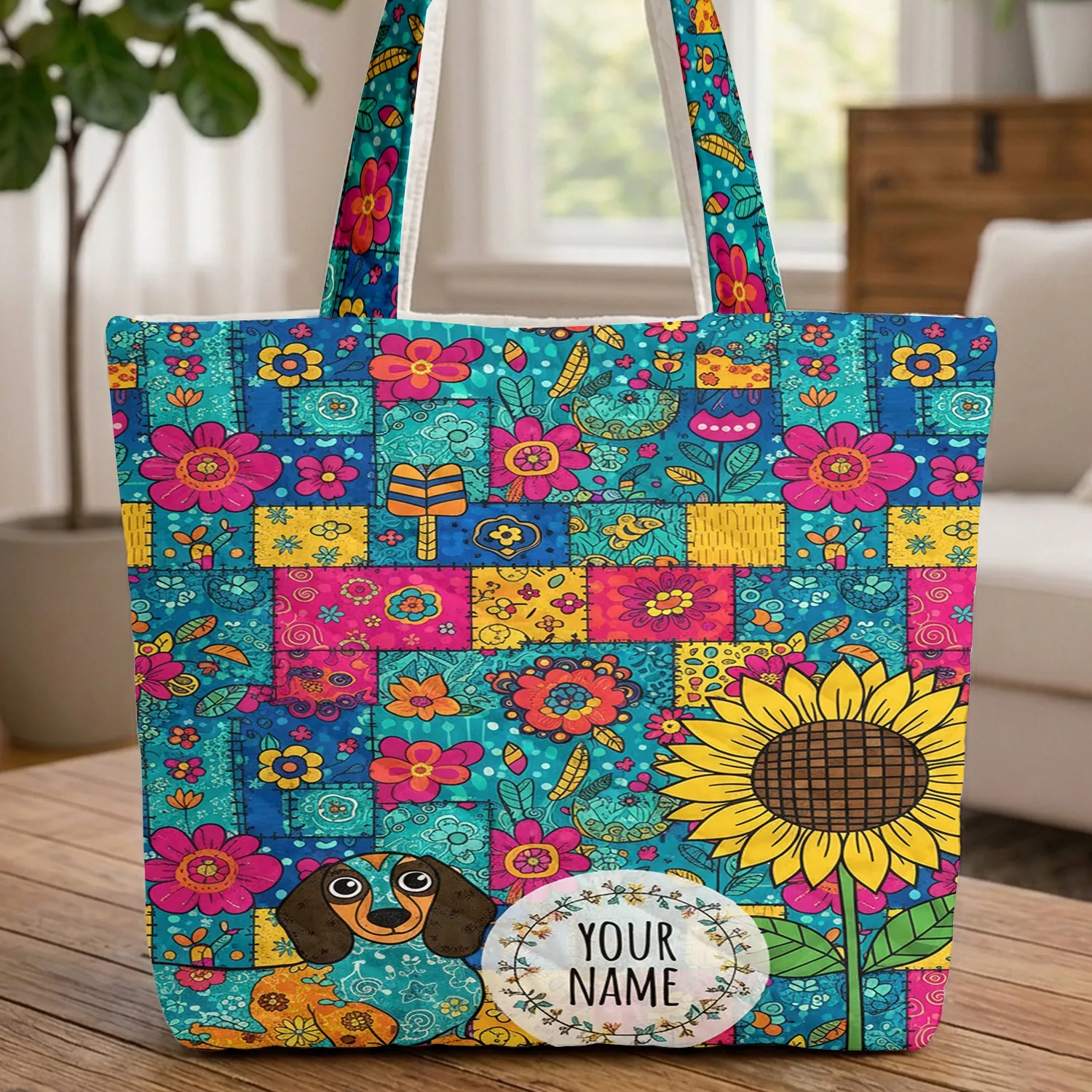 Dachshund Sunflower Folk Art Patchwork Floral Wreath Everyday Carry Gift for Dog Lovers Quilted Tote Bag - 1