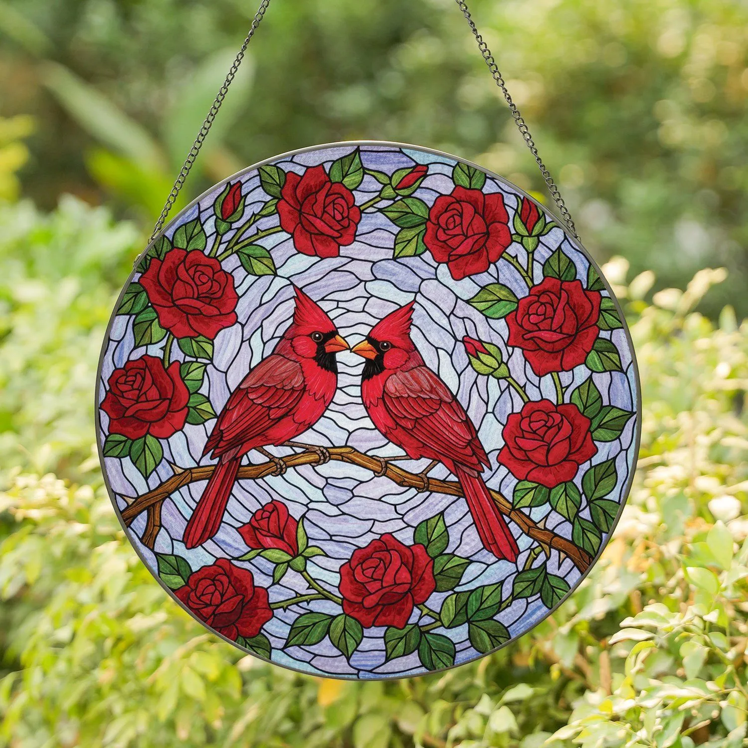 Tiffany Glass Cardinal Birds Red Roses Home Decor Gift for Wildlife Lovers Stained Glass Suncatcher - 1