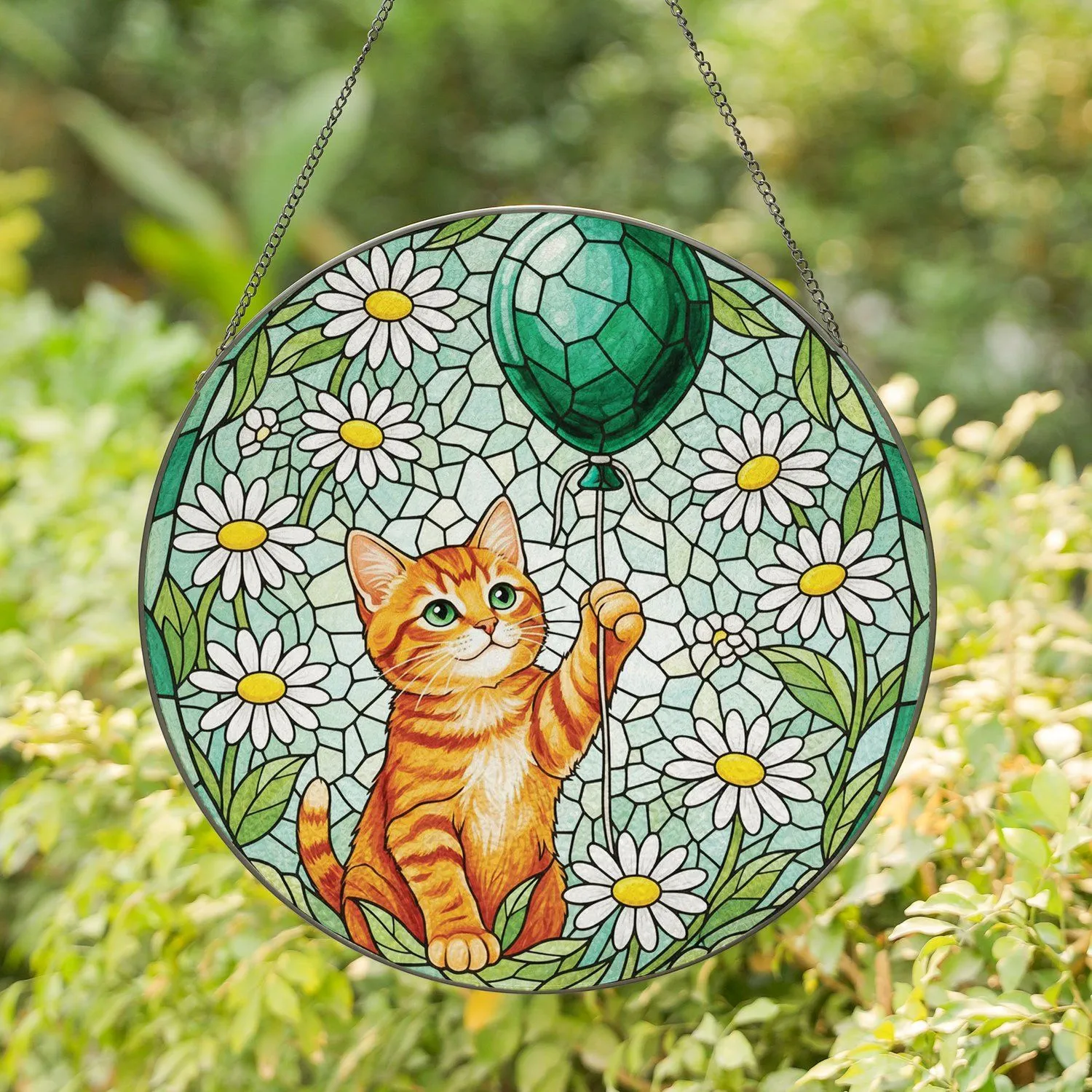 Tabby Kitten Emerald Balloon Daisies - Cat Lover Window Decor Stained Glass Suncatcher - 1