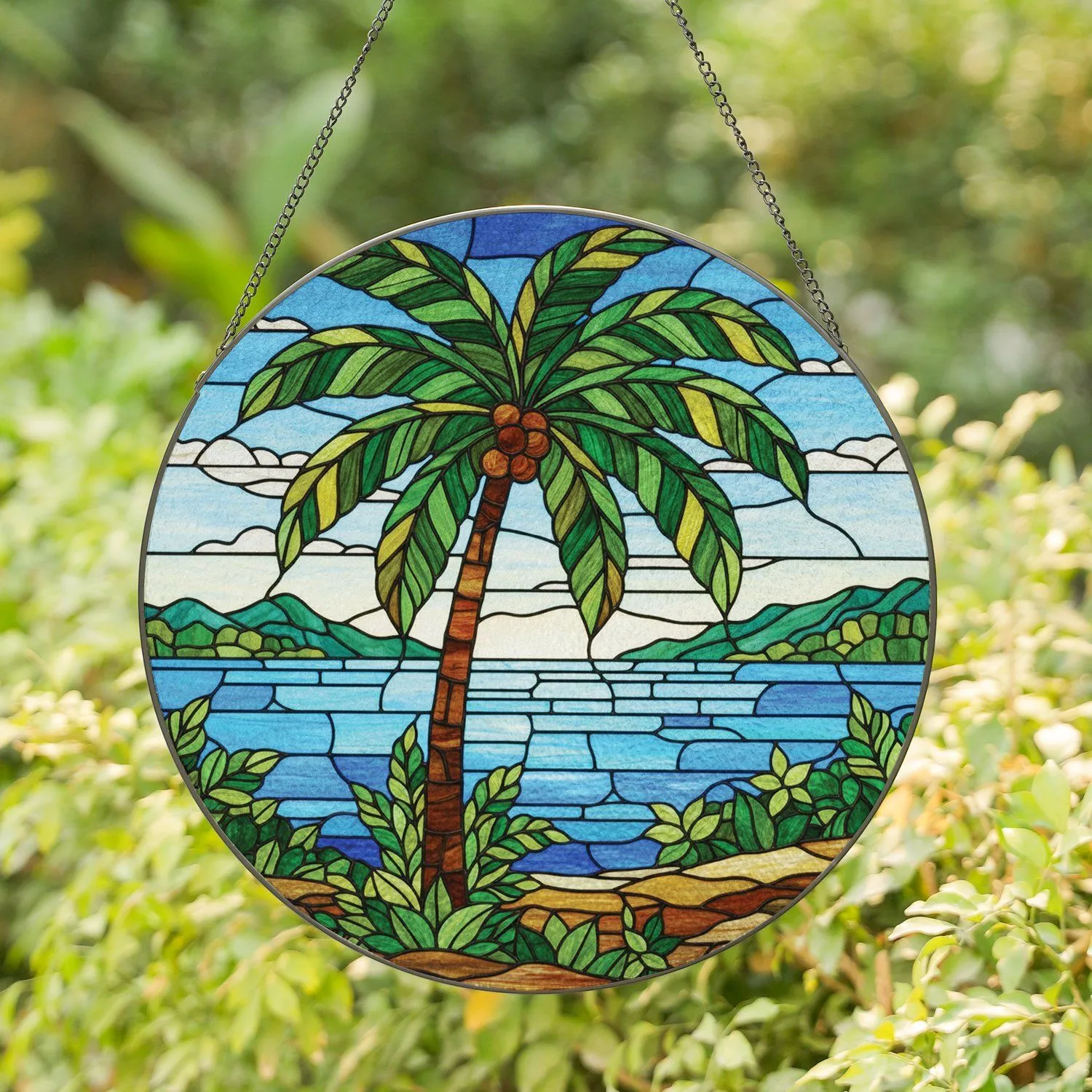 Stained Glass Palm Tree Lush Foliage Tropical Ocean Mosaic - Home Decor Gift Stained Glass Suncatcher - 1