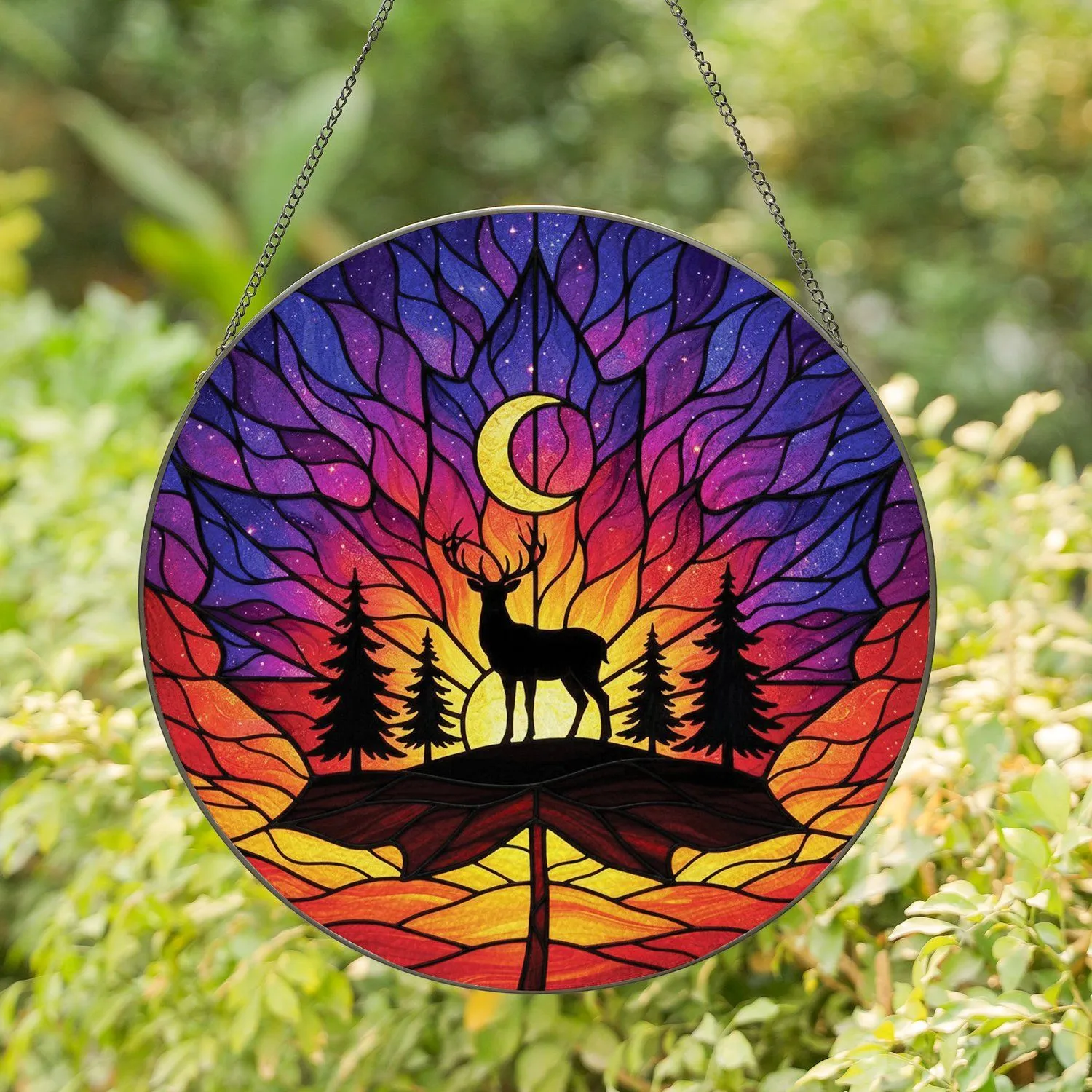 Stag Pine Trees Crescent Moon Celestial Sunset Maple Leaf - Wildlife Lover Home Decor Gift Stained Glass Suncatcher - 1