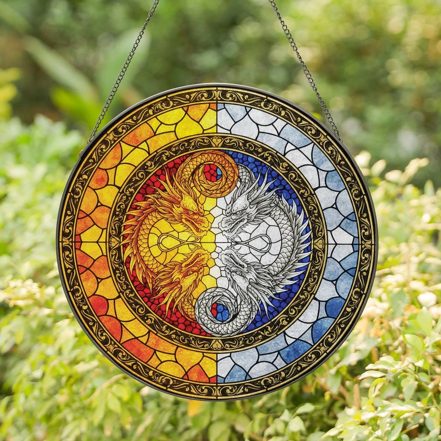 Tiffany Glass Golden Silver Dragons Yin Yang Circle Frame - Fantasy Home Decor Gift Stained Glass Suncatcher - 1