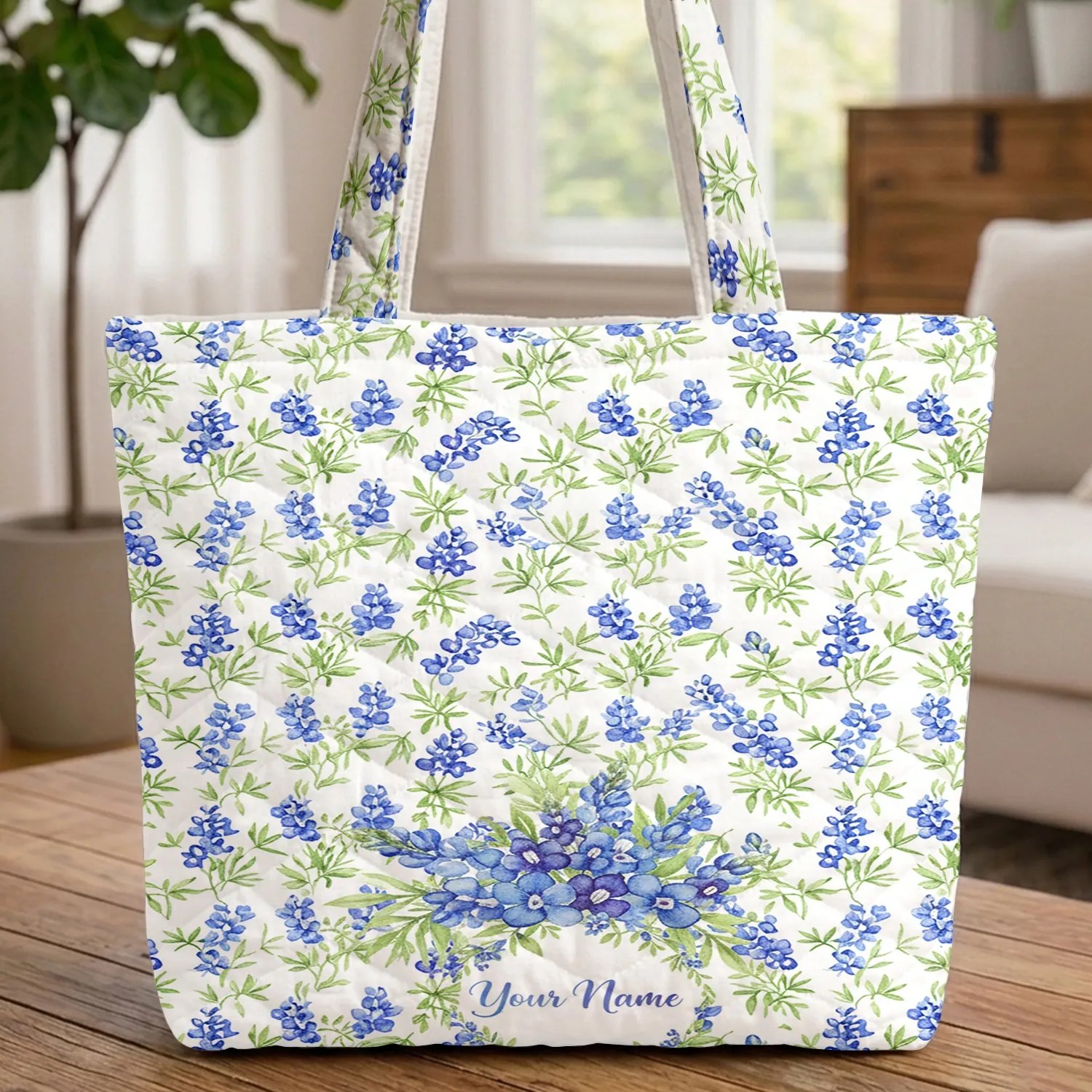 Bluebonnet Floral Wreath Personalized Name - Everyday Carry Gift for Her Quilted Tote Bag - 1
