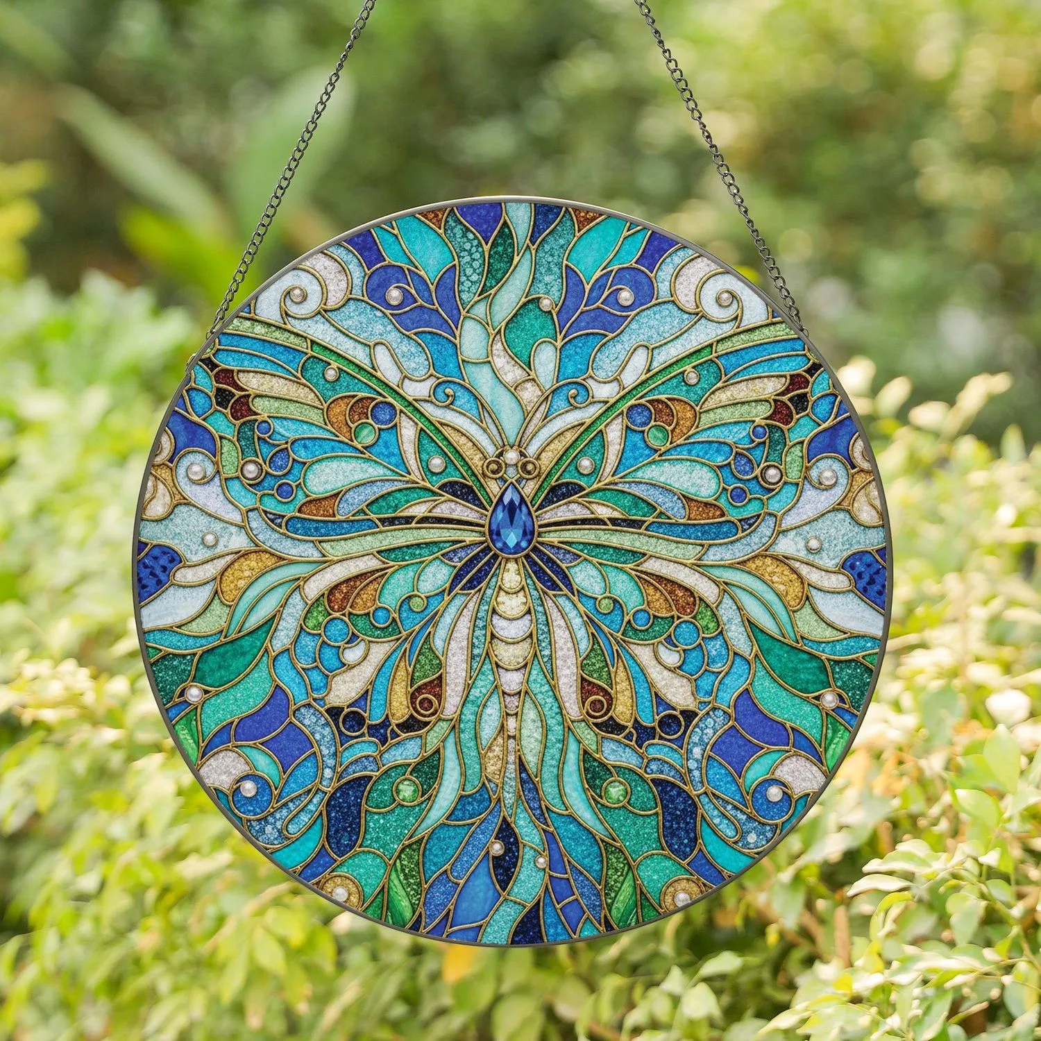 Butterfly Teardrop Jewel Gold Filigree Pearl Botanical - Home Decor Gift Stained Glass Suncatcher - 1