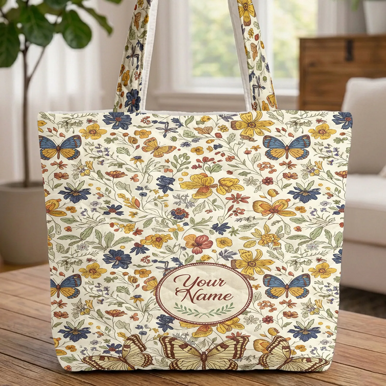 Butterflies Botanical Flowers Leaves Medallion Everyday Carry Gift for Butterfly Lover Quilted Tote Bag - 1