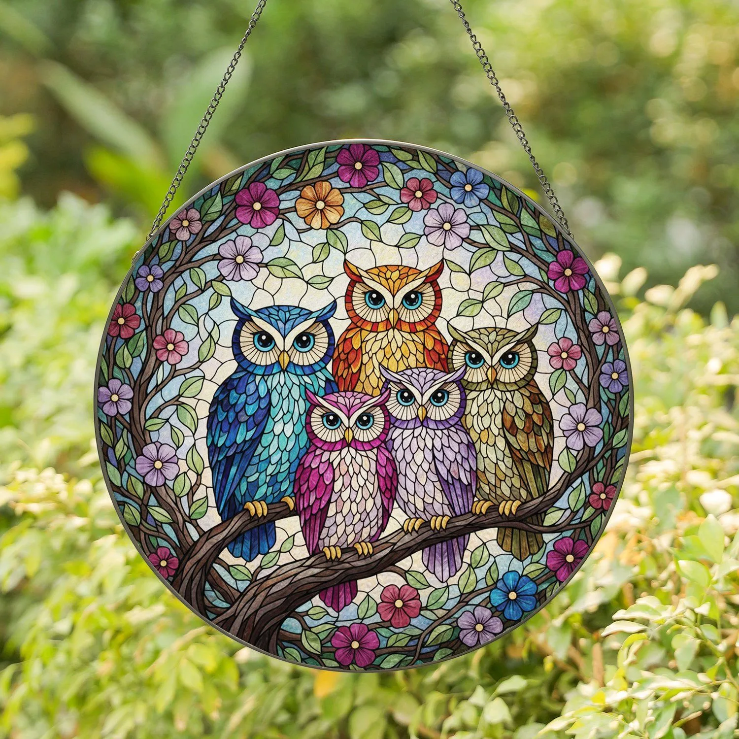 Owls Tree Branch Floral Vines - Wildlife Lover Home Decor Gift for Owl Lover Stained Glass Suncatcher - 1