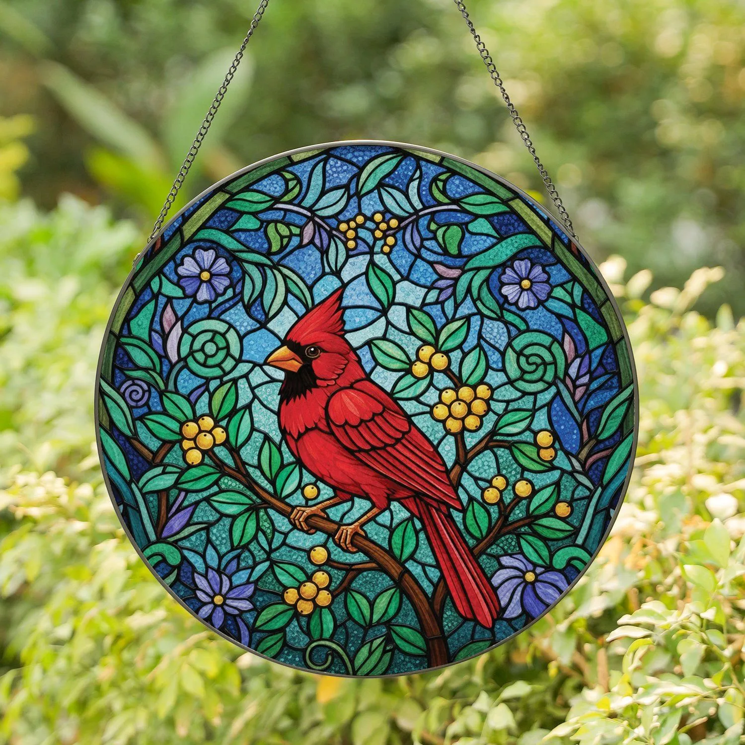 Tiffany Glass Red Cardinal Bird Perched Branch Garden Decor Gift for Bird Watcher Stained Glass Suncatcher - 1