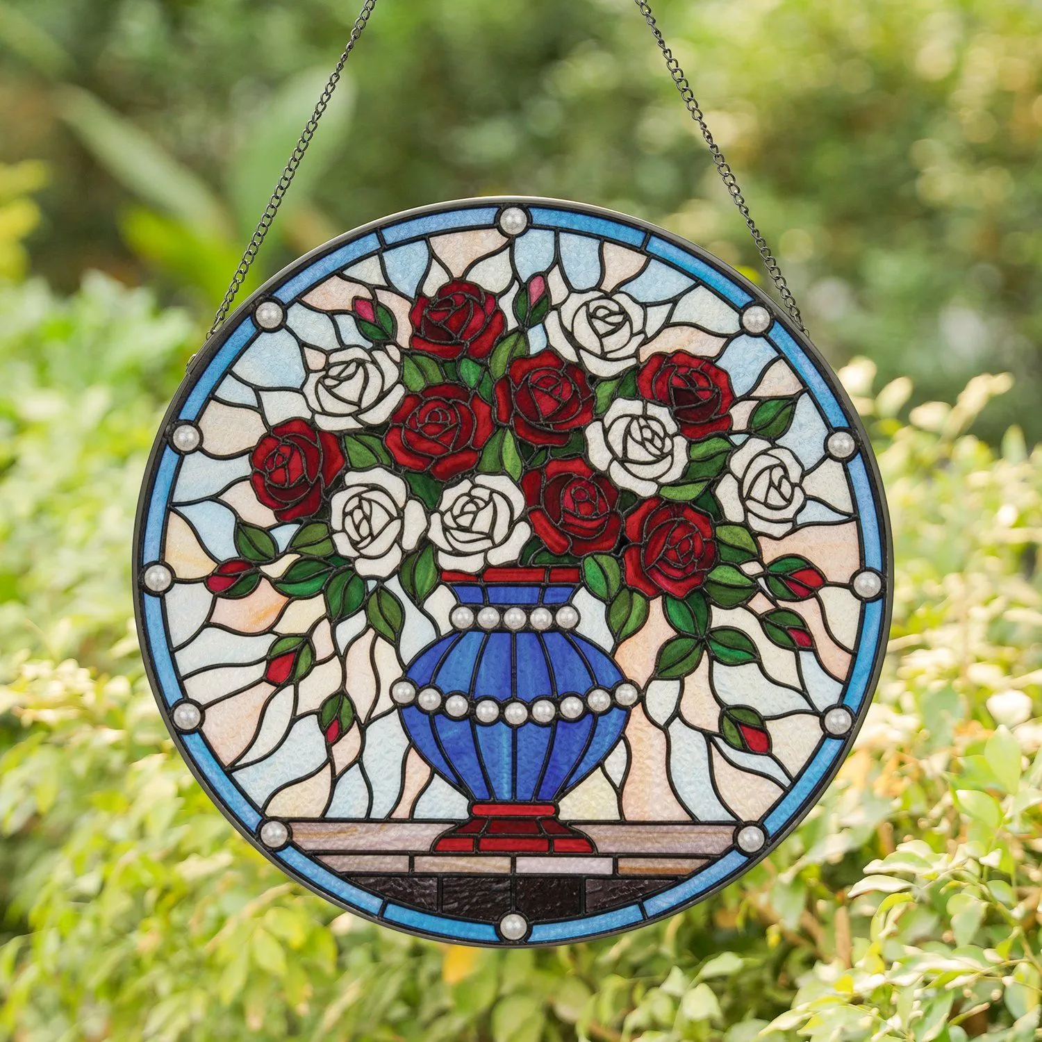Stained Glass Tiffany Vase Lush Red White Roses Pearl Frame Mosaic Sky - Home Decor Gift Stained Glass Suncatcher - 1