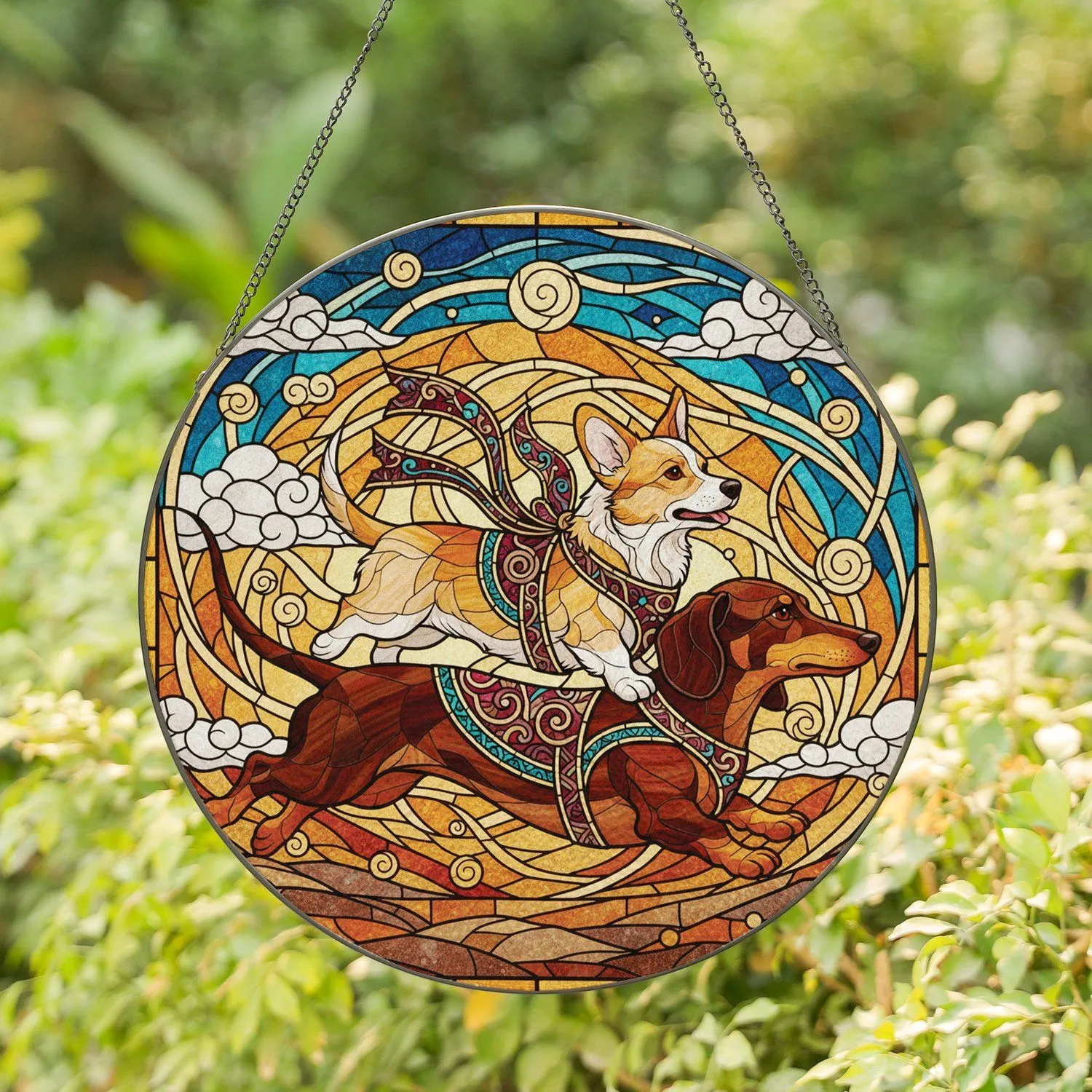 Corgi Riding Dachshund Leaping Dogs - Window Home Decor Housewarming Gift for Dog Lover Stained Glass Suncatcher - 1