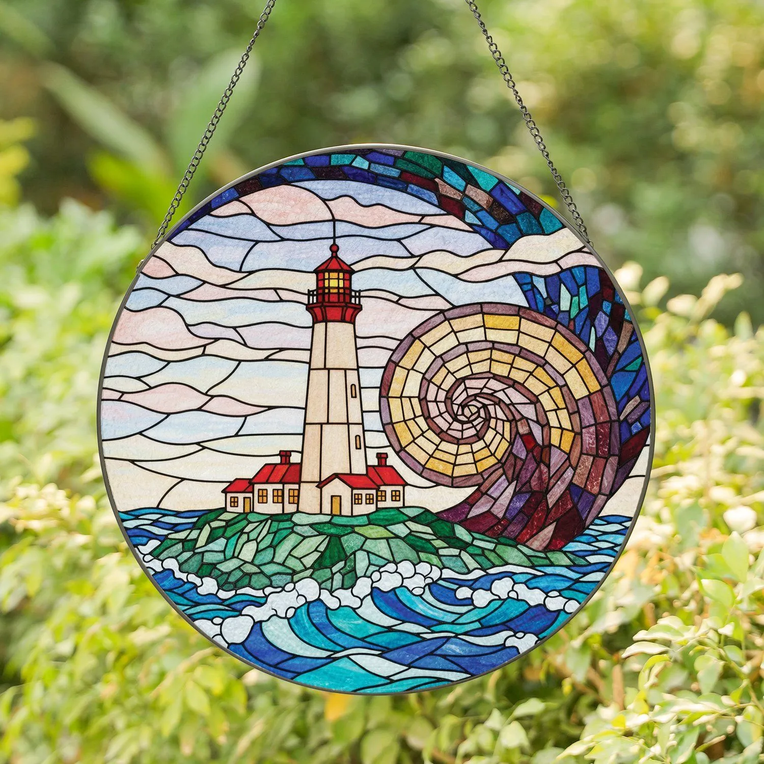 Lighthouse Ocean Waves Conch Shell - Coastal Decor Gift for Lighthouse Lover Stained Glass Suncatcher - 1