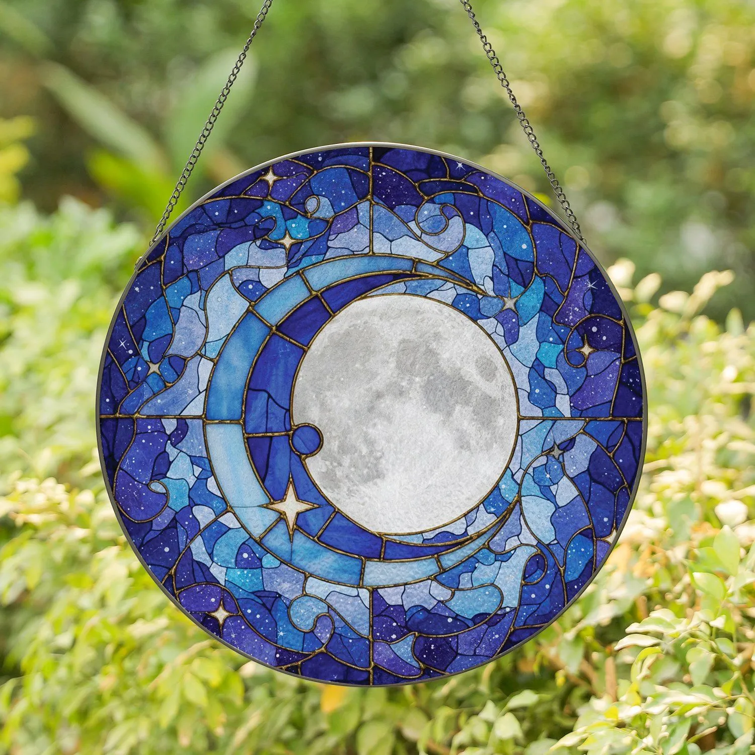 Full Moon Crescent Star Cosmic Dust - Home Decor Gift for Space Lover Stained Glass Suncatcher - 1
