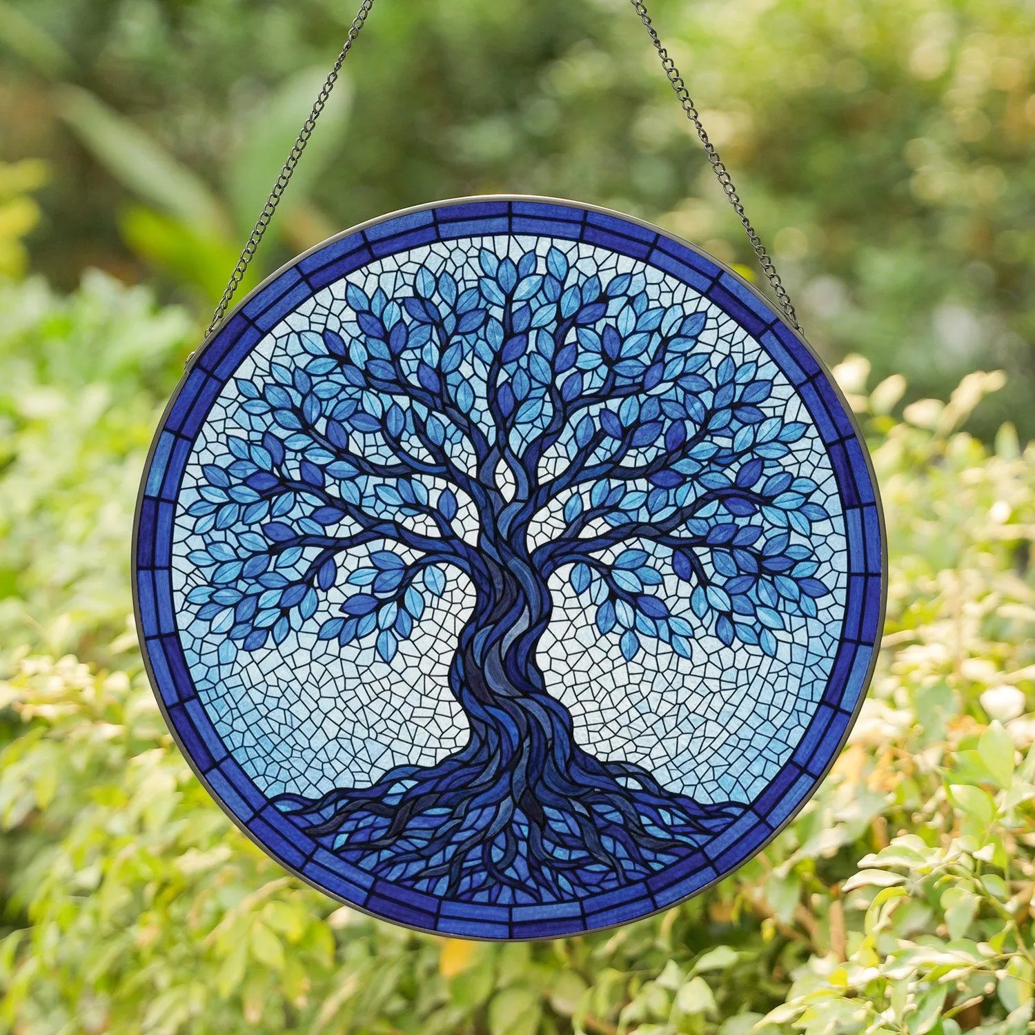 Majestic Gnarled Tree of Life Stained Glass Mosaic Blue Sky Home Decor Gift Stained Glass Suncatcher - 1