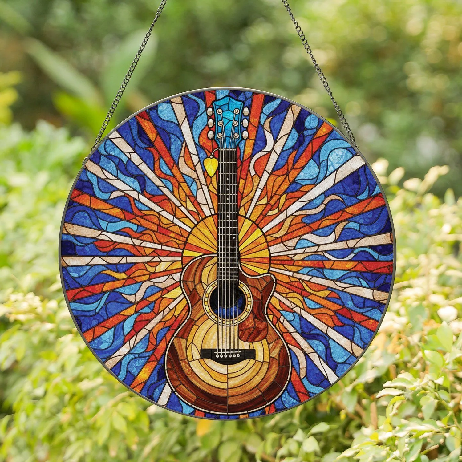 Acoustic Guitar Stained Glass Sunburst - Home Decor Gift for Music Lovers Stained Glass Suncatcher - 1