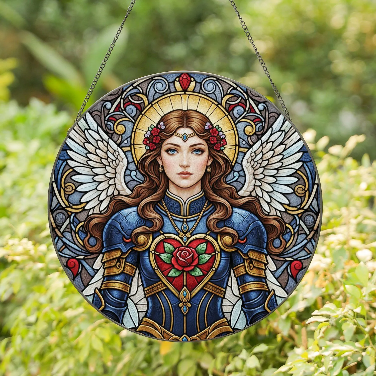 Angelic Figure with Wings Golden Halo Stained Glass - Home Decor Gift for Angel Lovers Stained Glass Suncatcher - 1