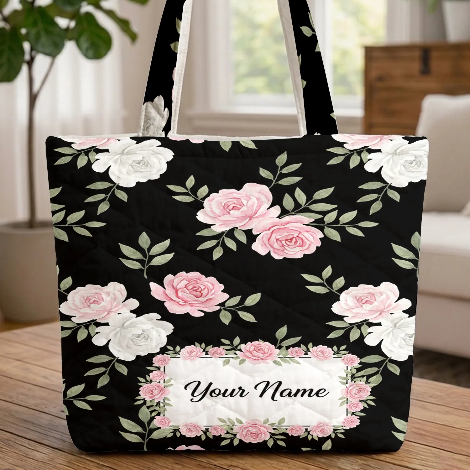 Black Background Pink White Roses Delicate Floral Border Calligraphy Name - Everyday Carry Gift Quilted Tote Bag - 1