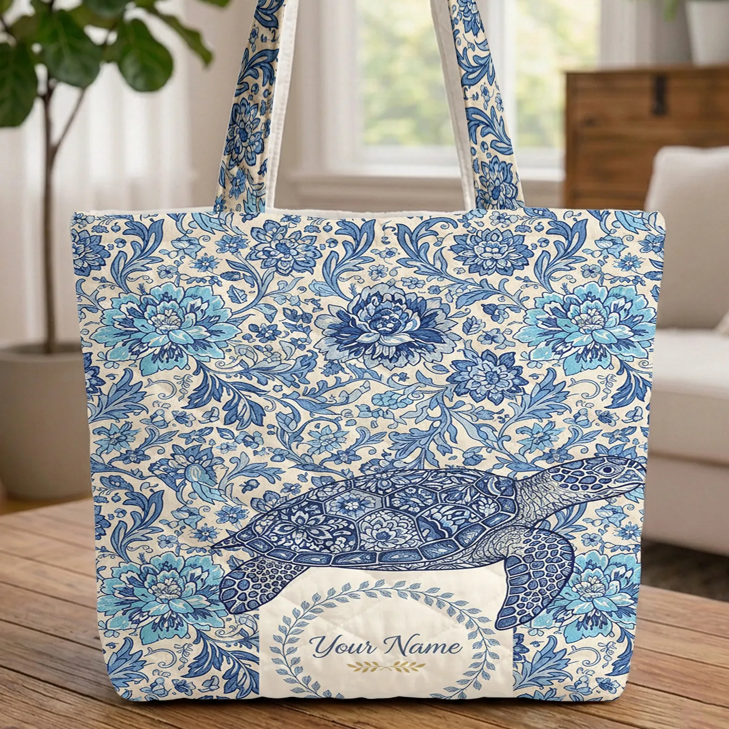 Ornate Sea Turtle Botanical Peony Wreath Calligraphy - Everyday Carry Lifestyle Gift Quilted Tote Bag - 1