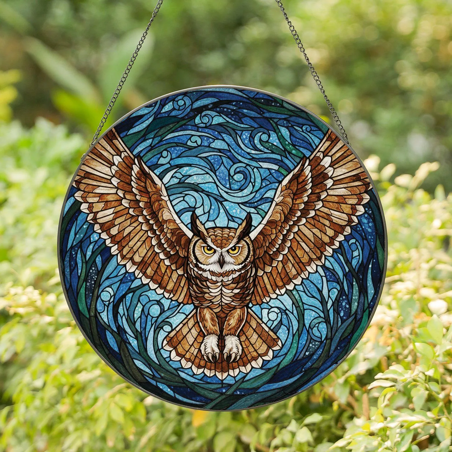 Great Horned Owl Flight Nocturnal Sky - Home Decor Gift for Wildlife Lover Stained Glass Suncatcher - 1