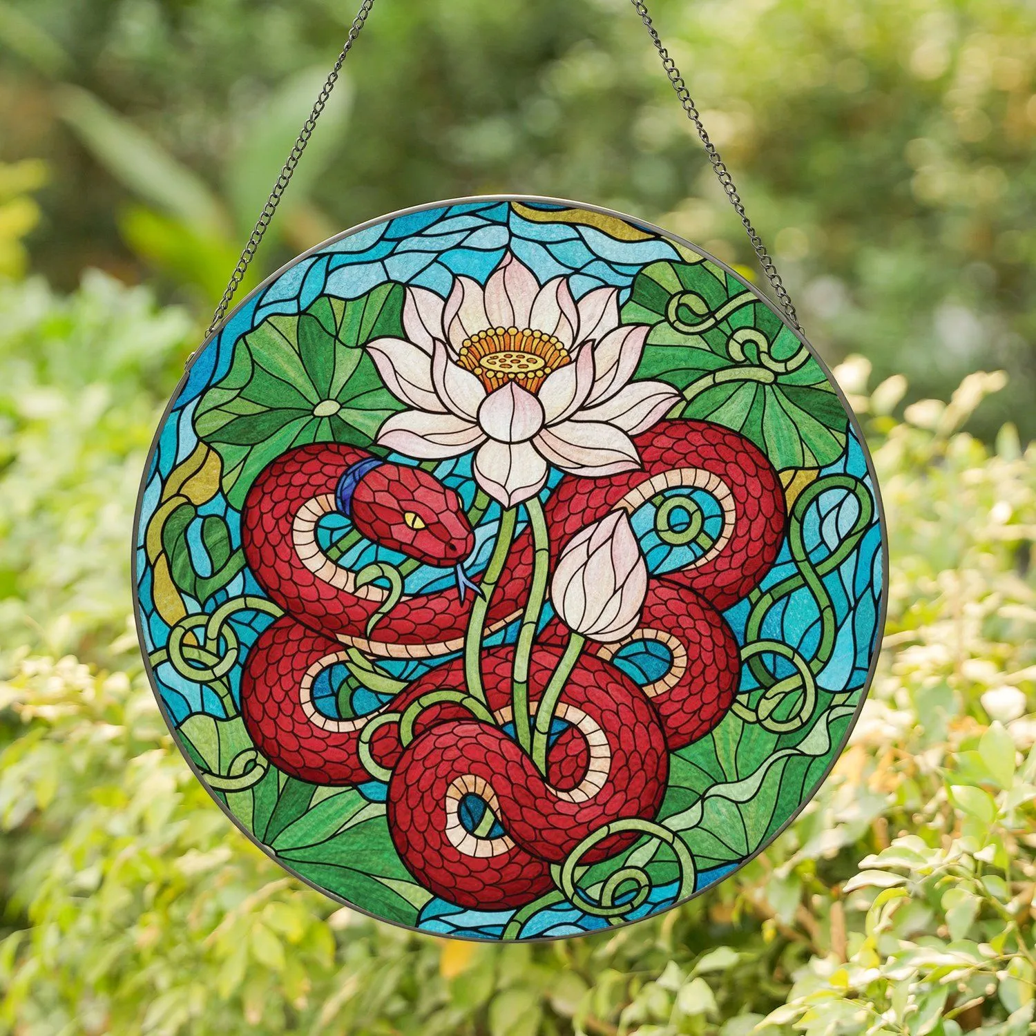 Coiled Red Snake Multi-Petaled Lotus Flower Lush Green Leaves - Wildlife Lover Gift Stained Glass Suncatcher - 1