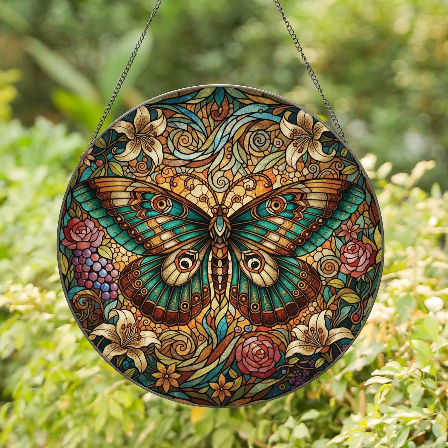 Moth Butterfly Wings Floral Tendrils Leaves Flowers Light Refractions - Home Decor Gift Stained Glass Suncatcher - 1