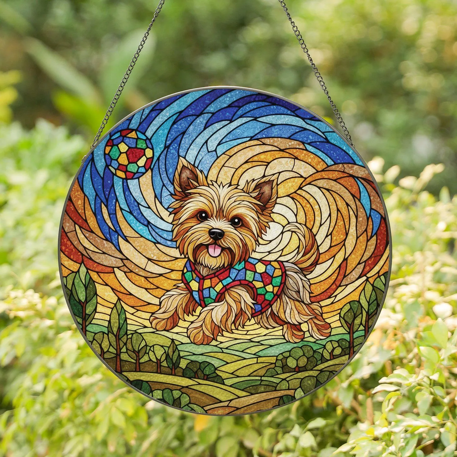 Yorkshire Terrier Dog Leaping Outdoor Scene - Dog Lover Home Decor Gift Stained Glass Suncatcher - 1