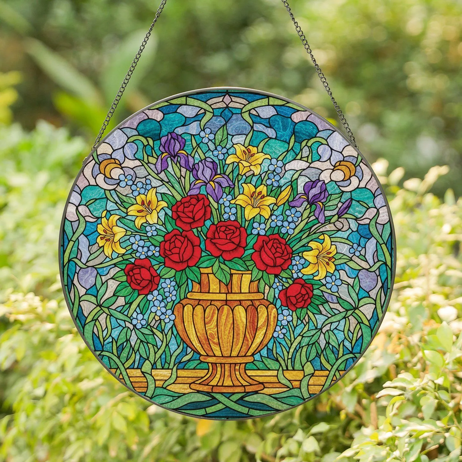 Vase Bouquet Blooming Flowers Green Leaves Swirling Light Clouds Home Decor Gift Stained Glass Suncatcher - 1