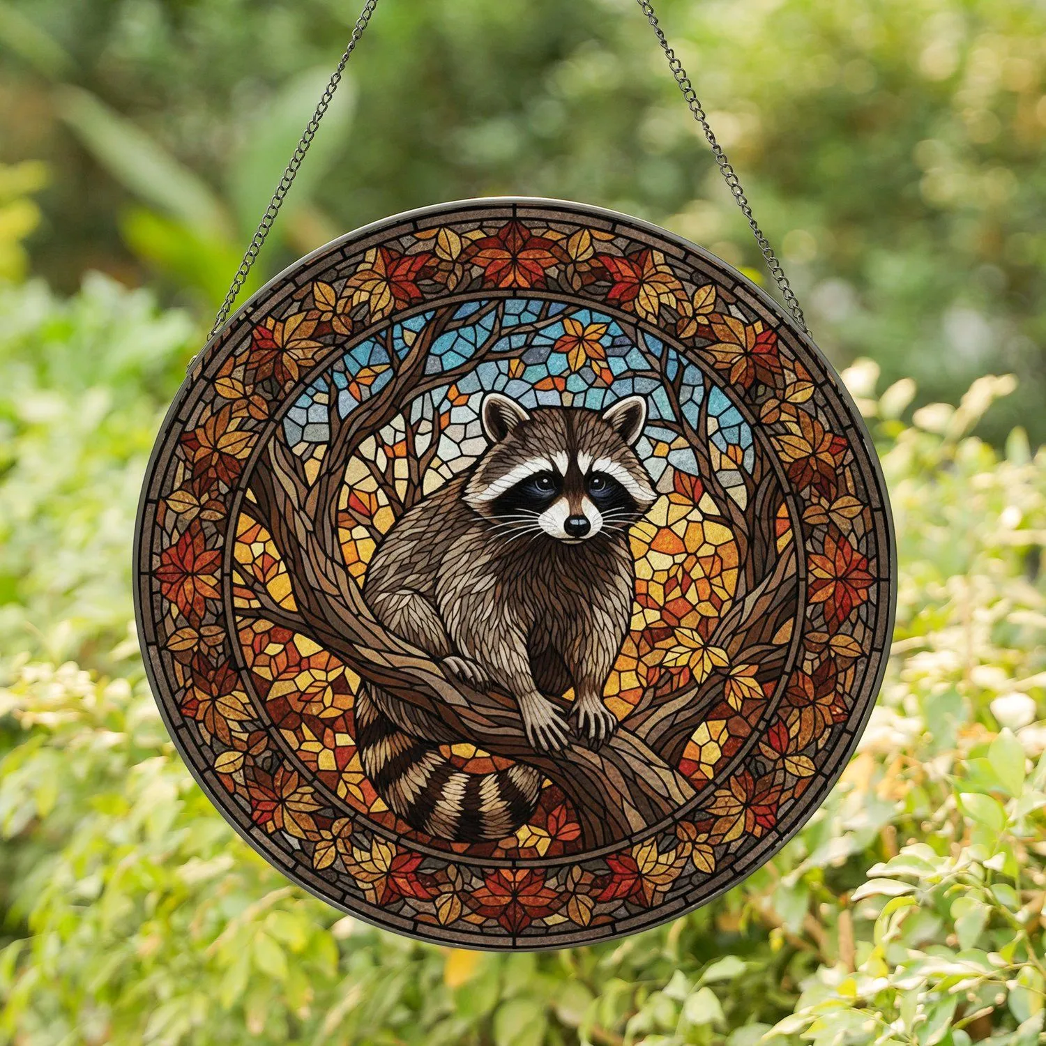 Raccoon Autumn Leaves Tree Branch Stained Glass - Wildlife Lover Home Decor Gift Stained Glass Suncatcher - 1