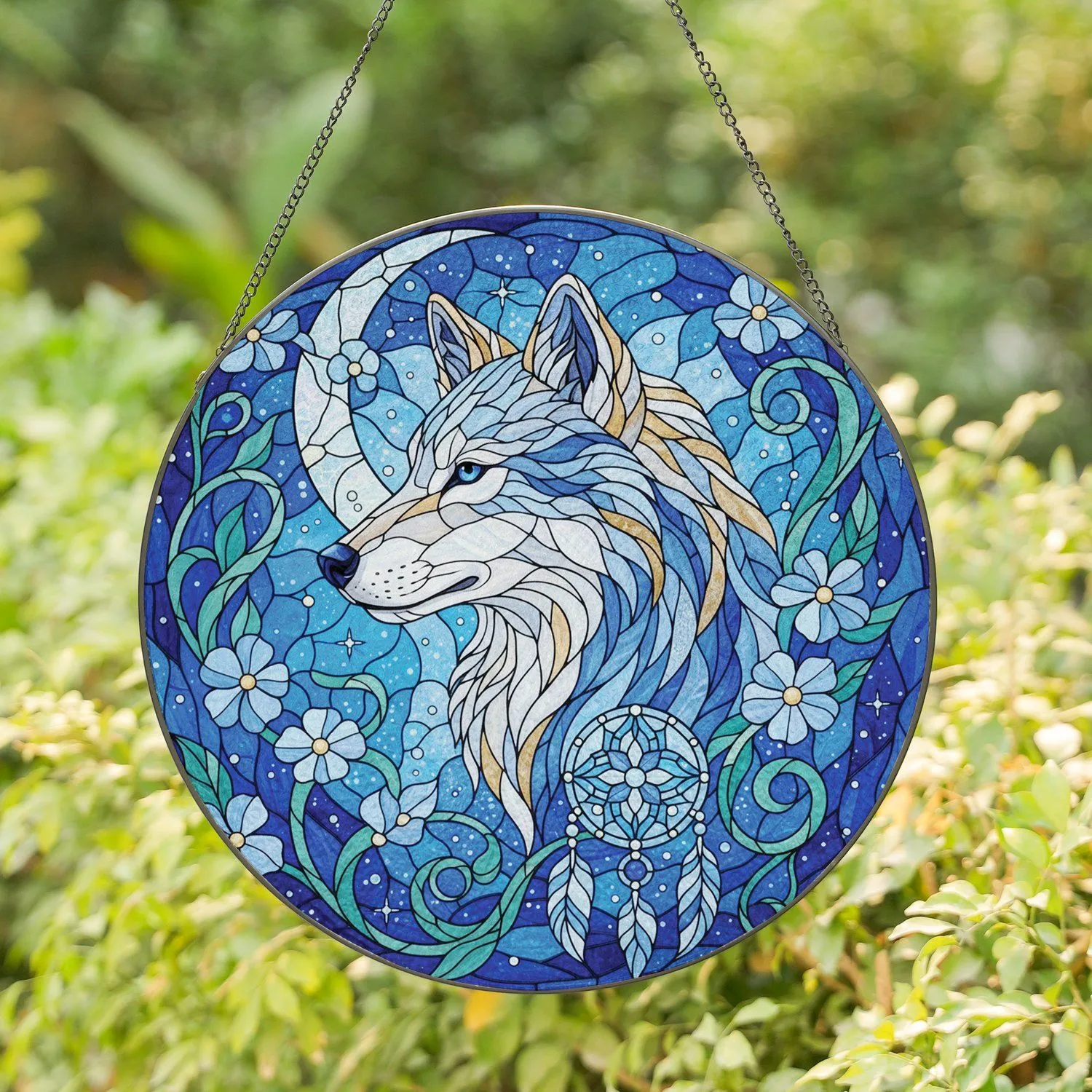 Wolf Crescent Moon Dreamcatcher Floral Starry Sky - Home Decor Gift for Wolf Lover Stained Glass Suncatcher - 1