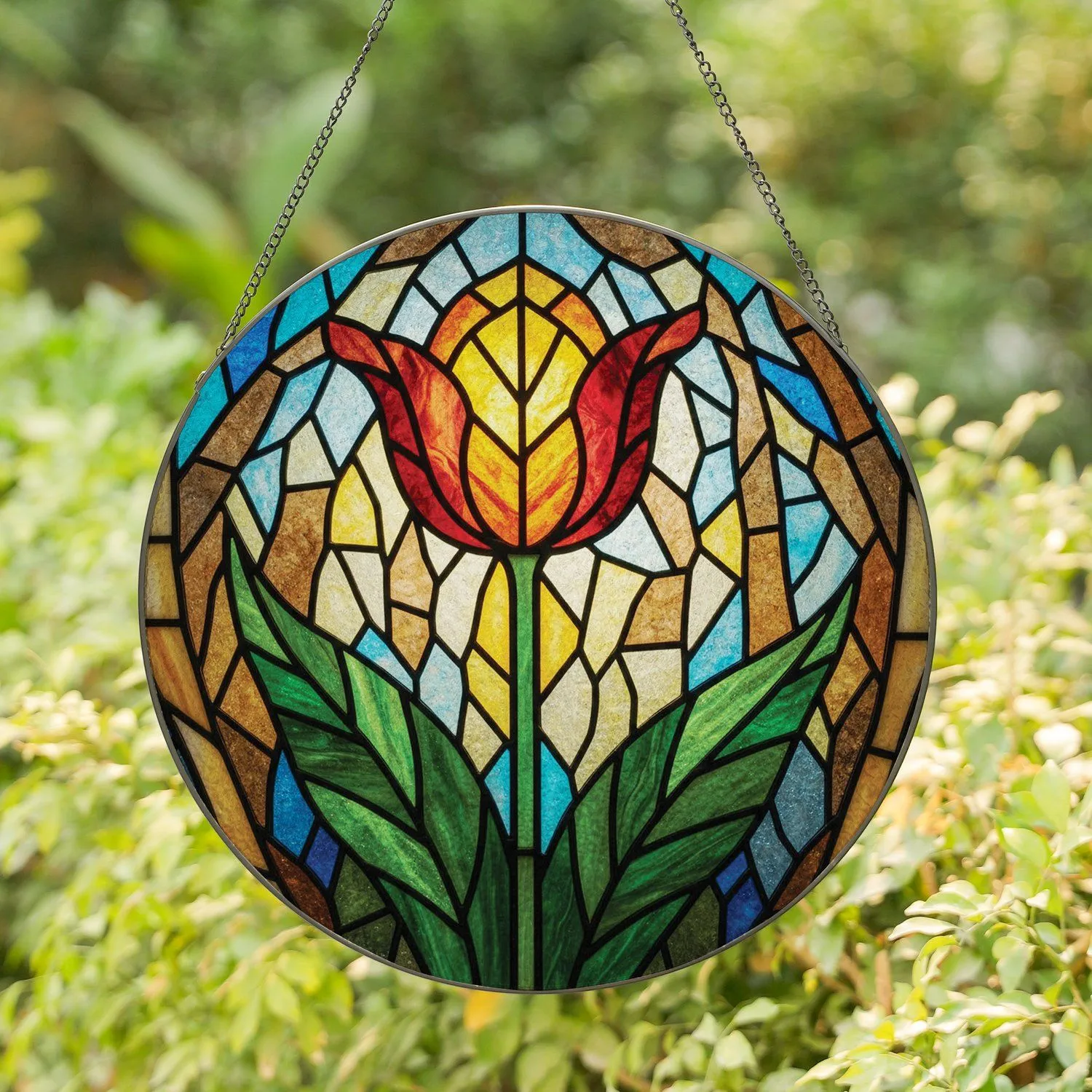 Blossoming Stained Glass Tulip Flower with Green Leaves Jewel Tones - Home Decor Gift for Garden Lover Stained Glass Suncatcher - 1