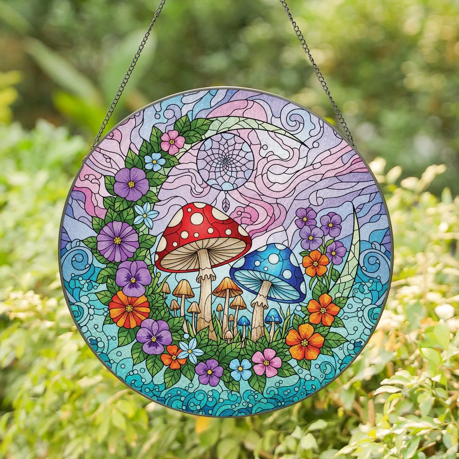 Mushroom Garden Crescent Moon Dreamcatcher Home Decor Gift for Nature Lovers Stained Glass Suncatcher - 1