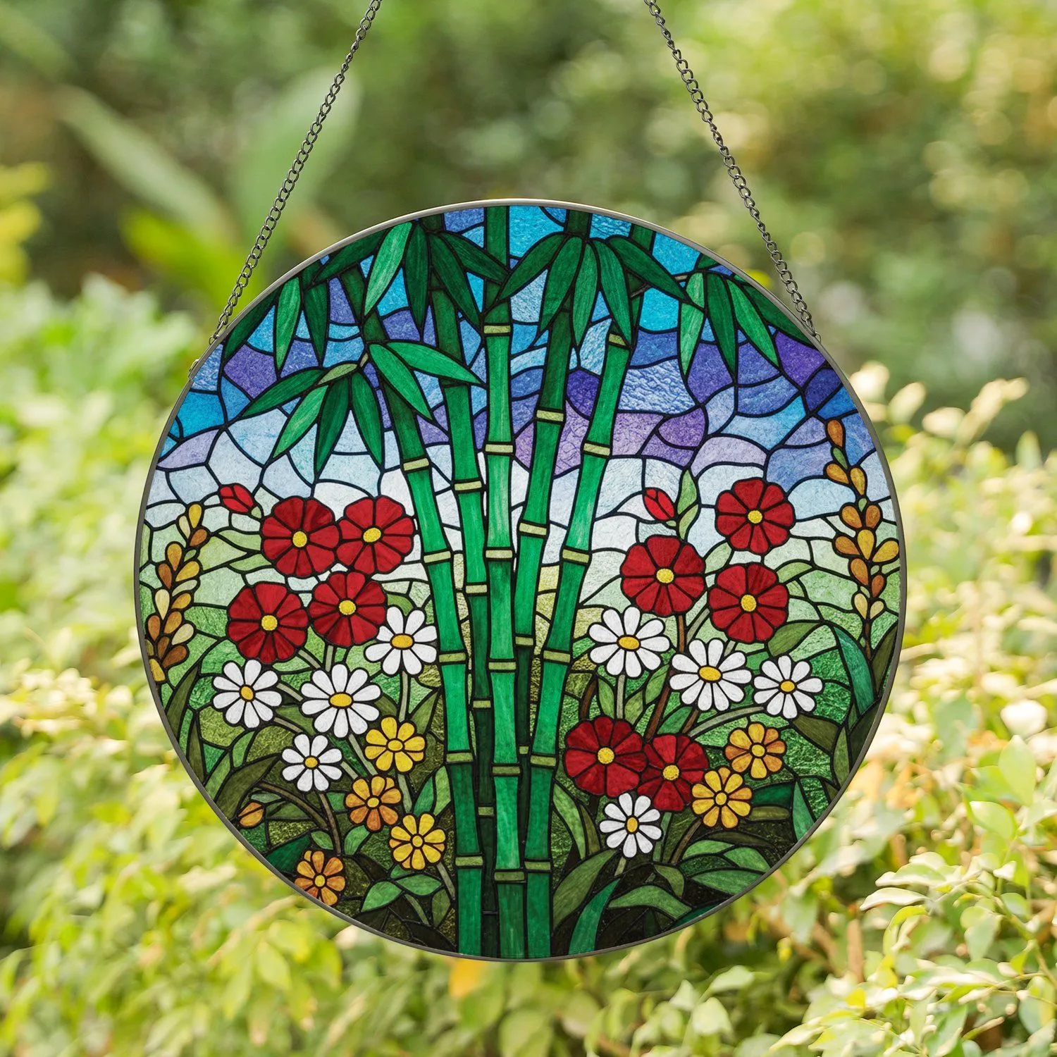 Bamboo Red White Daisy Flowers Green Leaves Home Decor Gift Stained Glass Suncatcher - 1