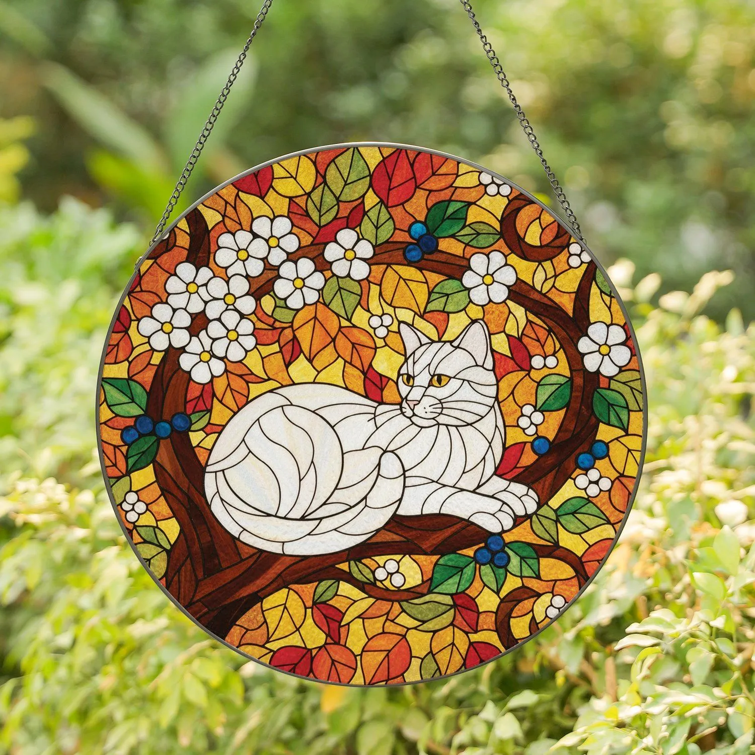 Fluffy White Cat Golden Eyes Autumn Leaves Flowers Berries Branch - Home Decor for Cat Lovers Stained Glass Suncatcher - 1