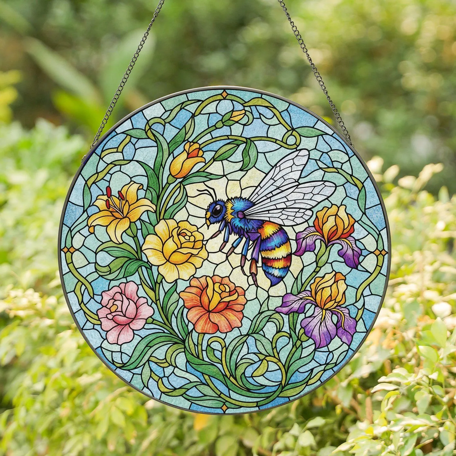 Tiffany Stained Glass Honeybee Floral Mosaic Jewel Tones - Home Decor Gift Stained Glass Suncatcher - 1