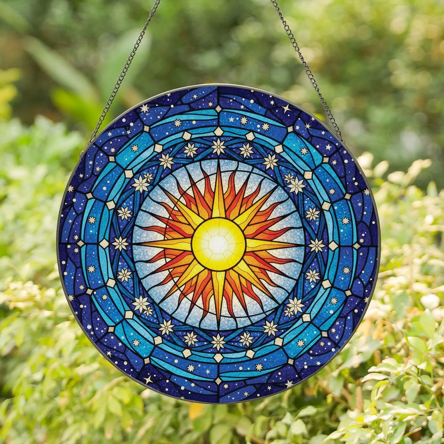 Sun Moon Cosmic Galaxy Sky Golden Stars Starbursts Floral Patterns - Celestial Home Decor Gift Stained Glass Suncatcher - 1