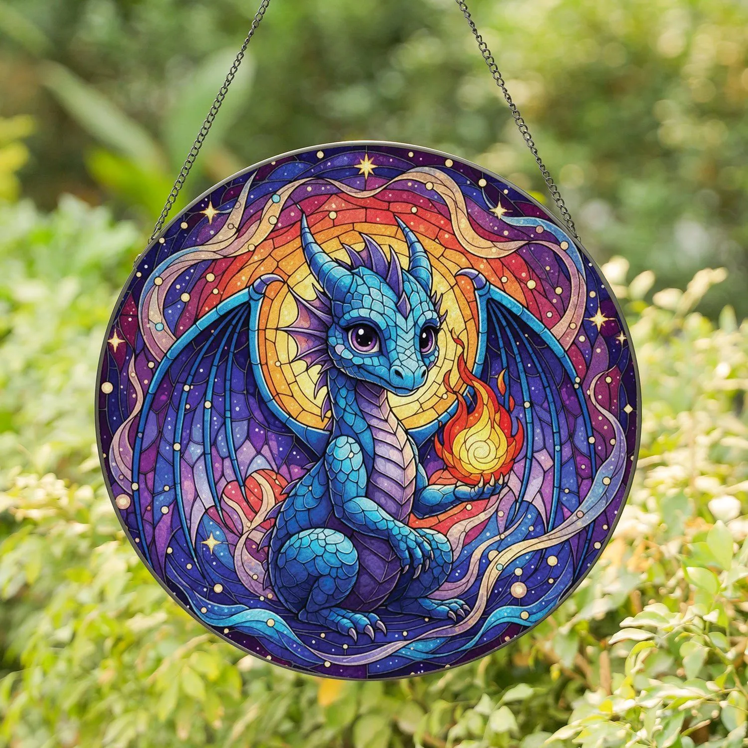 Blue Dragon Fire Orb Nebula Stars - Home Decor Gift for Fantasy Lover Stained Glass Suncatcher - 1