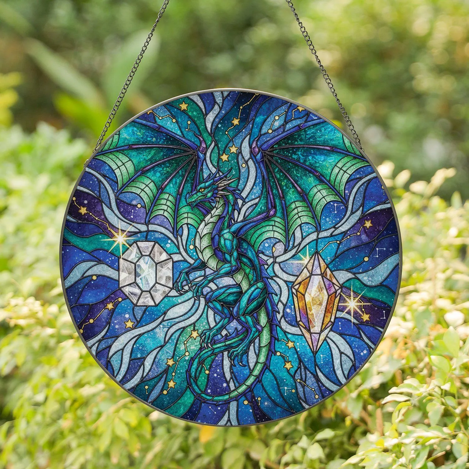 Winged Dragon Iridescent Crystal Cosmic Tapestry - Home Decor Gift for Fantasy Lover Stained Glass Suncatcher - 1