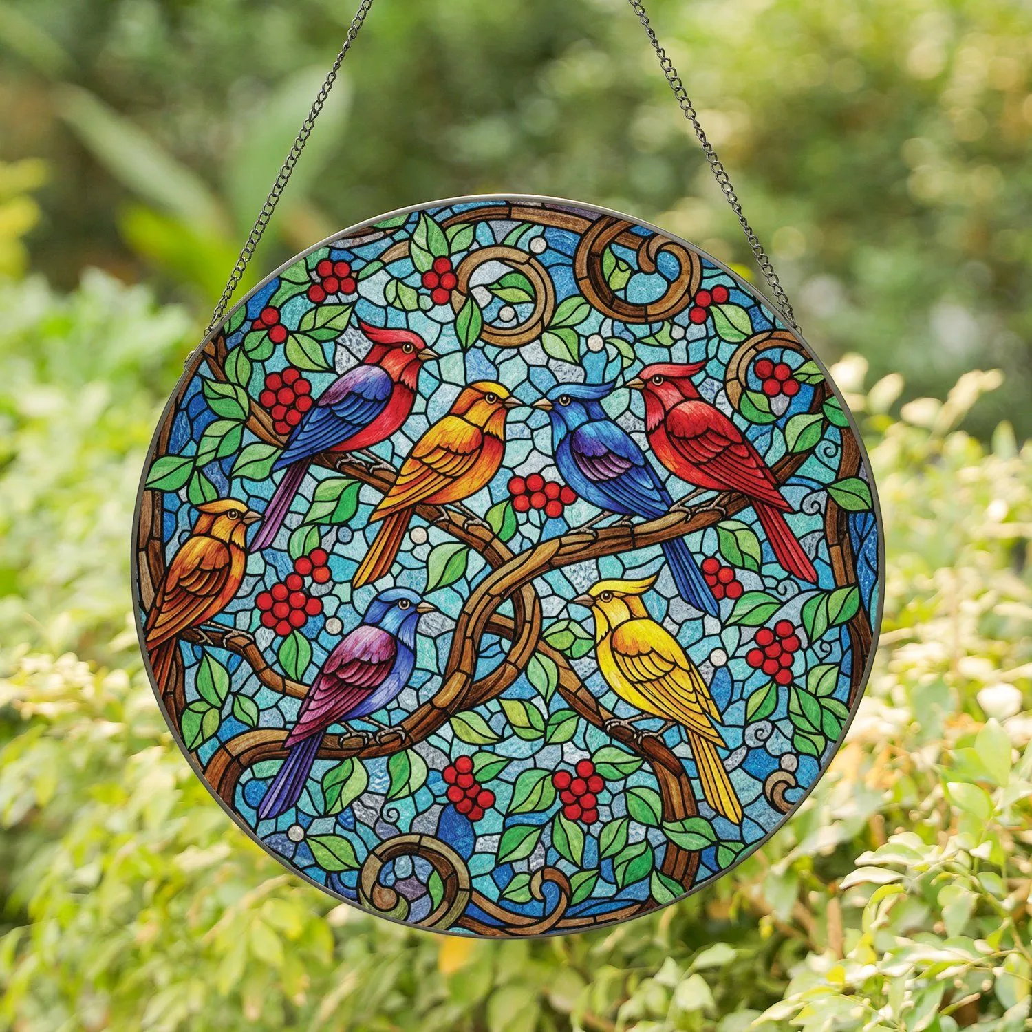 Six Birds Tree Branch Green Leaves Red Berries Stained Glass - Home Decor Gift for Bird Lover Stained Glass Suncatcher - 1