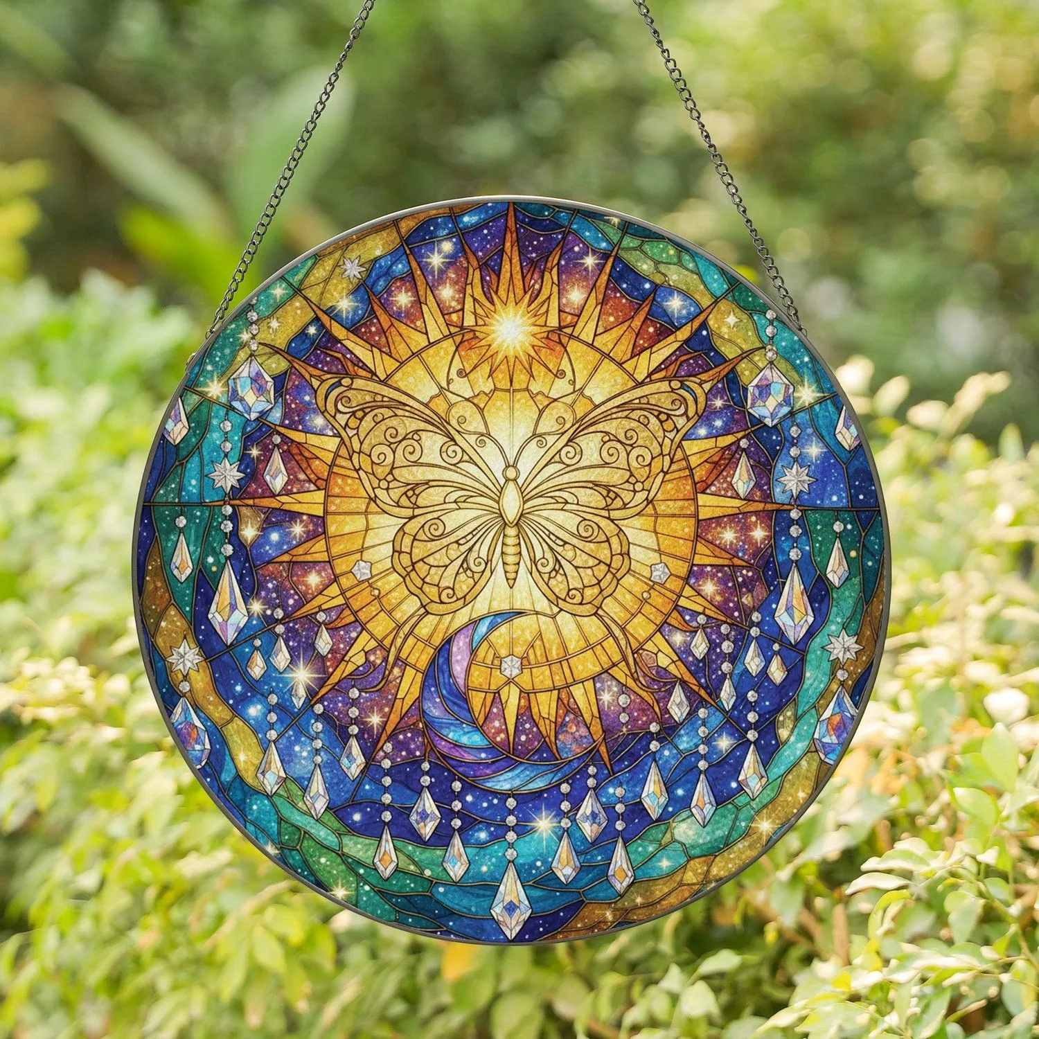 Tiffany Stained Glass Golden Butterfly Crescent Moon Sunburst - Home Decor Gift Stained Glass Suncatcher - 1