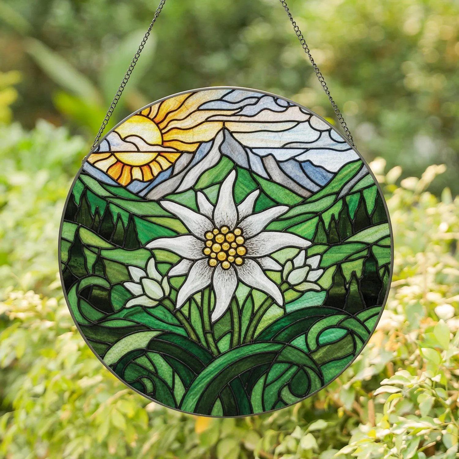 Edelweiss Star Flower Mountain Peaks Golden Sun - Nature Lover Home Decor Gift Stained Glass Suncatcher - 1