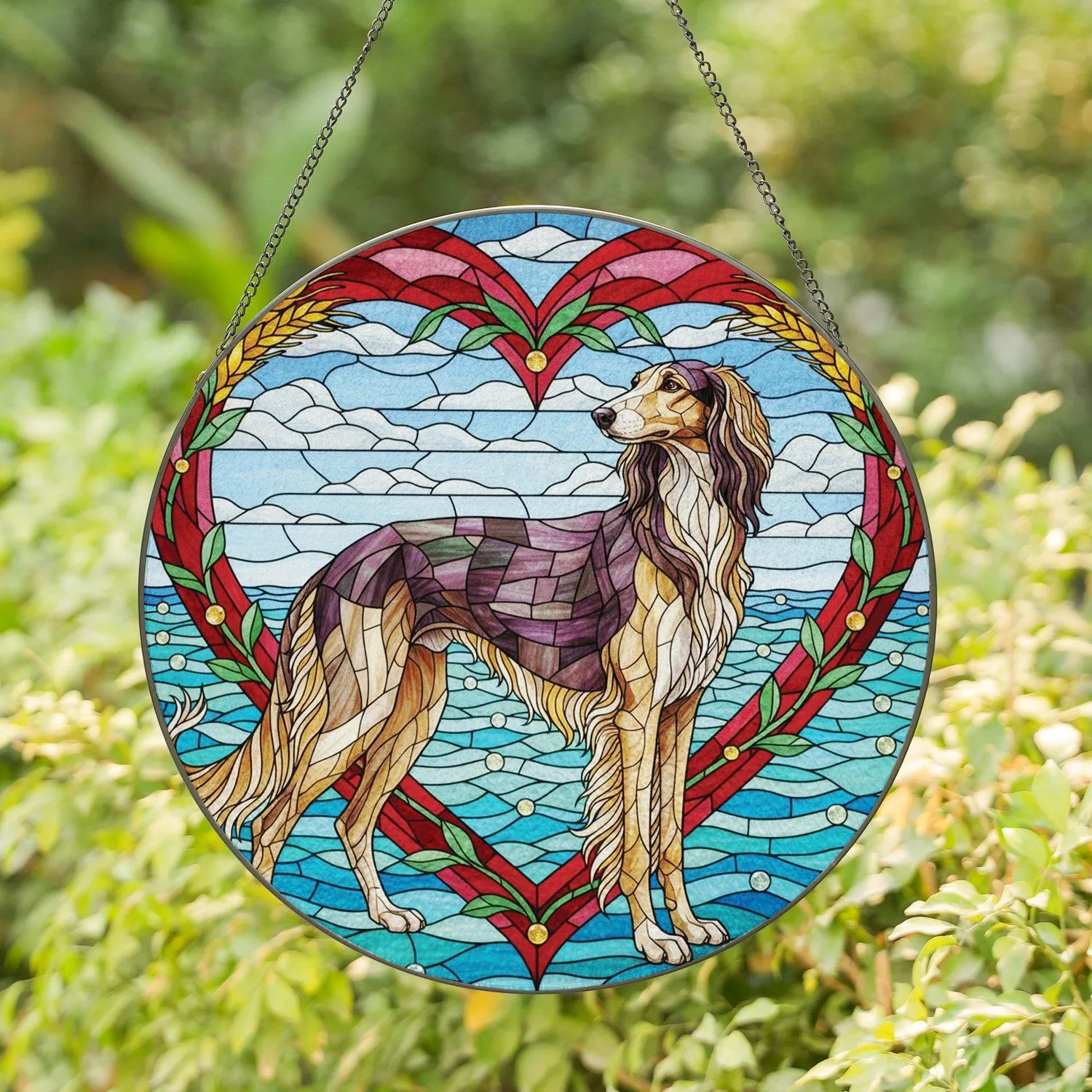 Saluki Dog Flowing Fur Ornate Heart Frame Seascape - Pet Lover Home Decor Gift Stained Glass Suncatcher - 1