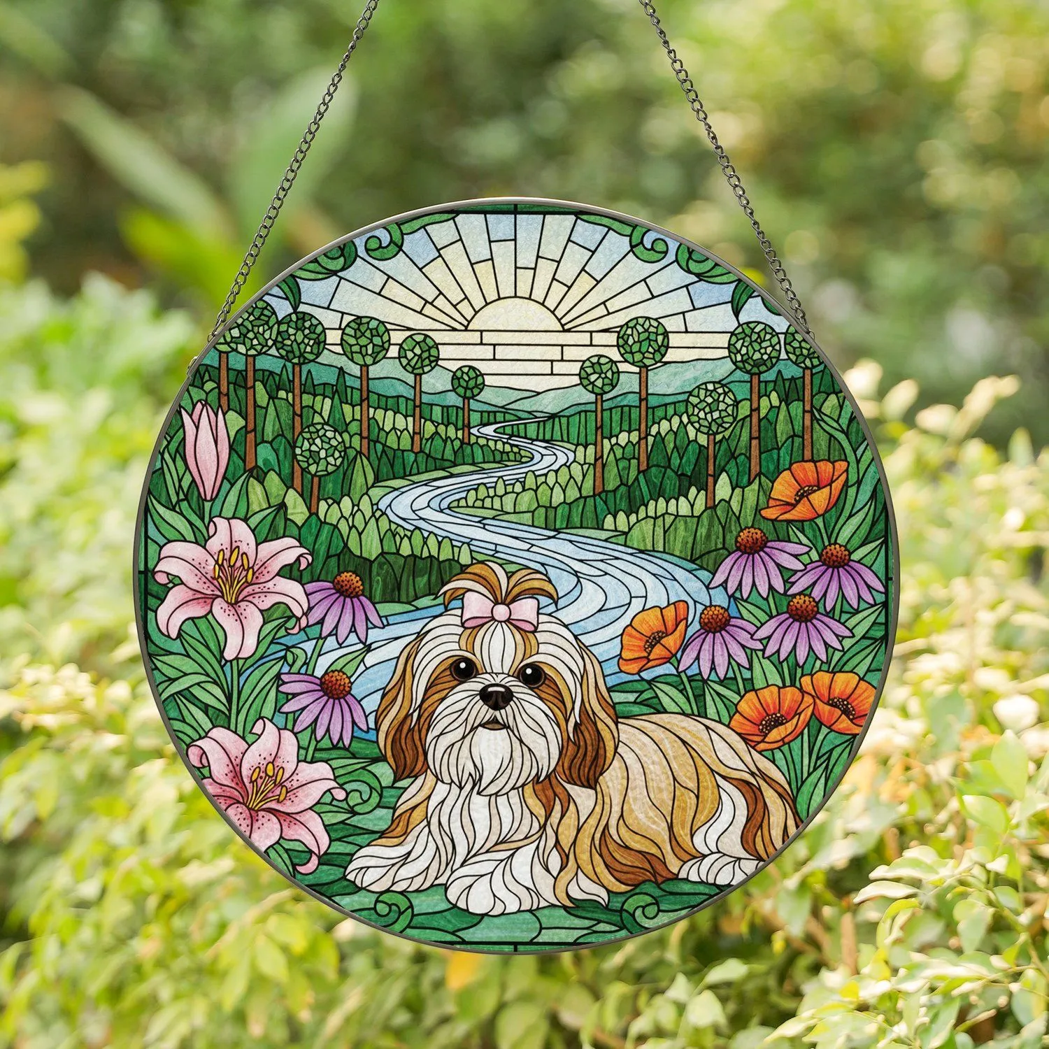 Fluffy Shih Tzu Dog Pink Lilies Wildflowers - Dog Lover Home Decor Gift Stained Glass Suncatcher - 1