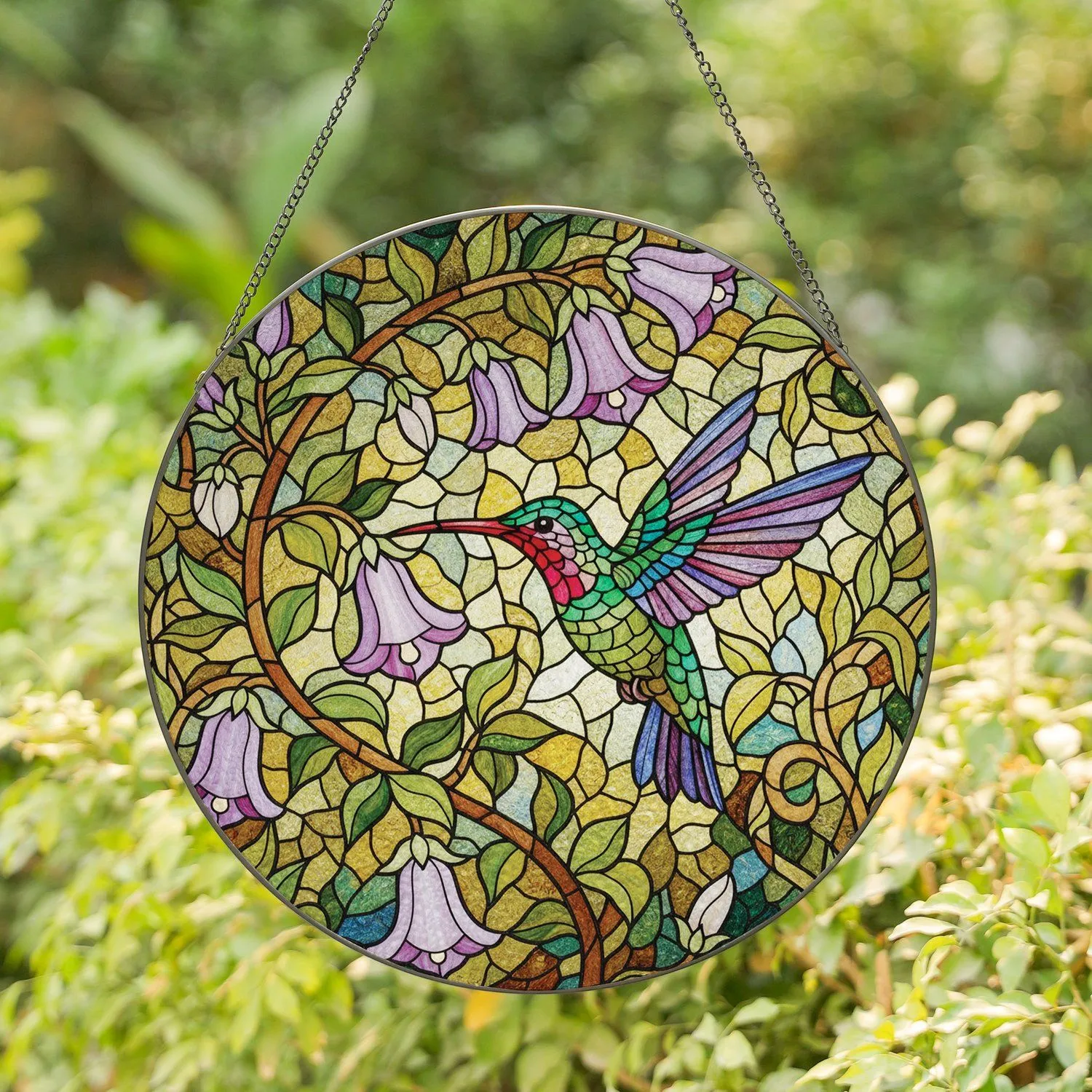 Iridescent Hummingbird Tiffany Glass Botanical Garden - Meaningful Home Decor Gift Wildlife Lover Stained Glass Suncatcher - 1